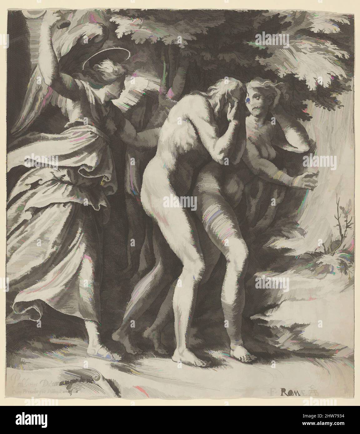 Art inspiré par l'expulsion du Paradis avec un Ange brandissant une épée derrière Adam et Eve, 1570–1615, gravure, feuille: 7 5/16 × 6 5/8 po. (18,5 × 16,8 cm), estampes, Cherubino Alberti (Zaccaria Mattia) (Italien, Borgo Sansepolcro 1553–1615 Rome), après Polidoro da Caravaggio (, oeuvres classiques modernisées par Artotop avec une touche de modernité. Formes, couleur et valeur, impact visuel accrocheur sur l'art émotions par la liberté d'œuvres d'art d'une manière contemporaine. Un message intemporel qui cherche une nouvelle direction créative. Artistes qui se tournent vers le support numérique et créent le NFT Artotop Banque D'Images