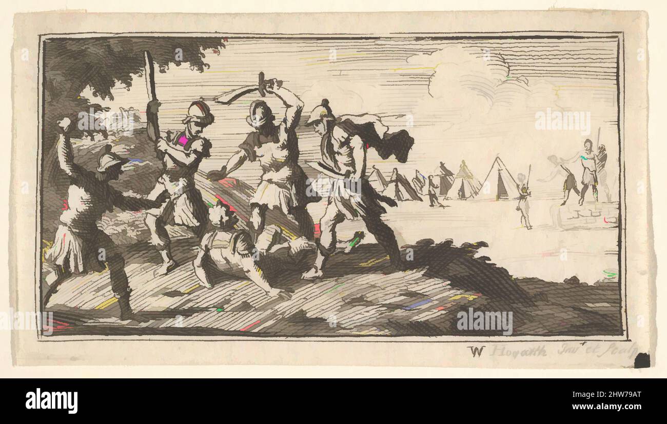 Art inspiré par la décapitation (John Beaver, punitions militaires romaines, 1725), après 1725, Etching, feuille : 1 3/4 x 3 1/16 po (4,4 x 7,7 cm), Prints, William Hogarth (Britannique, Londres 1697–1764 Londres, œuvres classiques modernisées par Artotop avec une touche de modernité. Formes, couleur et valeur, impact visuel accrocheur sur l'art émotions par la liberté d'œuvres d'art d'une manière contemporaine. Un message intemporel qui cherche une nouvelle direction créative. Artistes qui se tournent vers le support numérique et créent le NFT Artotop Banque D'Images
