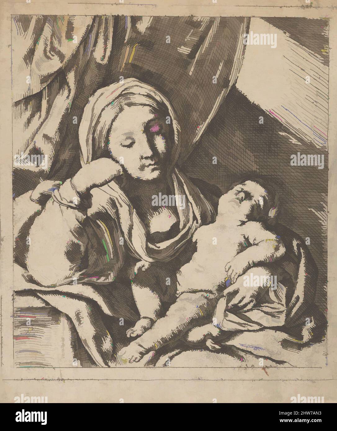 Art inspiré par la Vierge assis, reposant sa tête sur sa main droite et tenant le bébé endormi Christ sur ses genoux, ca. 1630–80, Décapage, feuille (rognée) : 6 1/2 × 5 1/2 po. (16,5 × 13,9 cm), estampes, attribué à Lorenzo Loli (italien, Bologne ca. 1612–1691 Bologna), attribuée à, les œuvres classiques modernisées par Artotop avec une touche de modernité. Formes, couleur et valeur, impact visuel accrocheur sur l'art émotions par la liberté d'œuvres d'art d'une manière contemporaine. Un message intemporel qui cherche une nouvelle direction créative. Artistes qui se tournent vers le support numérique et créent le NFT Artotop Banque D'Images