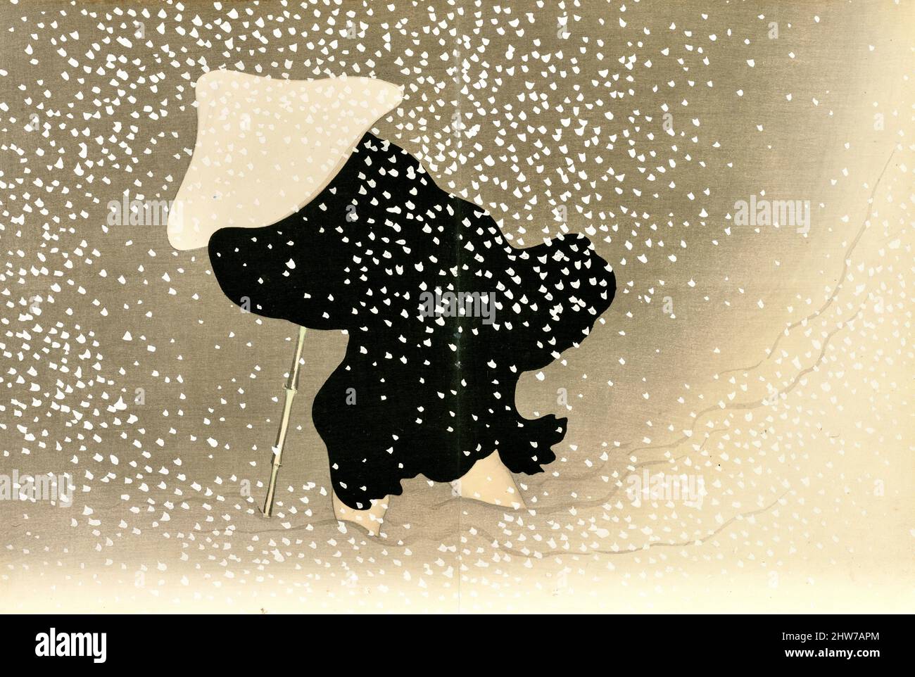 Kamisaka Sekka - neige tourbillonnante (Tomoe no yuki) - Figure en noir avec des batailles de chapeau blanc à travers la tempête de neige - 1909-1910 Banque D'Images