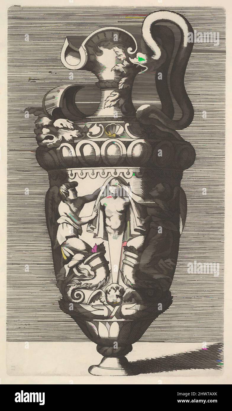 Art inspiré par vase avec deux figures ailées qui drapage un terme, 17th siècle, gravure, feuille: 10 9/16 x 7 5/16 po. (26,9 x 18,5 cm), représentation d'un vase ou d'une égout. Le vase est caractérisé par une double poignée, en forme de serpent. Le corps du vase est décoré d'une scène montrant deux, oeuvres classiques modernisées par Artotop avec une touche de modernité. Formes, couleur et valeur, impact visuel accrocheur sur l'art émotions par la liberté d'œuvres d'art d'une manière contemporaine. Un message intemporel qui cherche une nouvelle direction créative. Artistes qui se tournent vers le support numérique et créent le NFT Artotop Banque D'Images