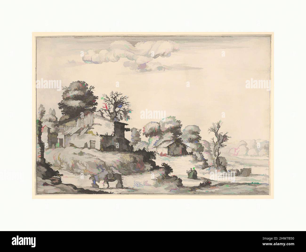 Art inspiré par le paysage avec des habitations paysannes et un homme menant un cheval au premier plan gauche, d'une série de paysages dédiés au Grand Duc de Toscane, 1638, Etching, feuille: 6 5/8 × 9 3/4 in. (16,8 × 24,8 cm), estampes, Ercole Bazicaluva (italien, né à Pise (?), ca. 1600, œuvres classiques modernisées par Artotop avec une touche de modernité. Formes, couleur et valeur, impact visuel accrocheur sur l'art émotions par la liberté d'œuvres d'art d'une manière contemporaine. Un message intemporel qui cherche une nouvelle direction créative. Artistes qui se tournent vers le support numérique et créent le NFT Artotop Banque D'Images