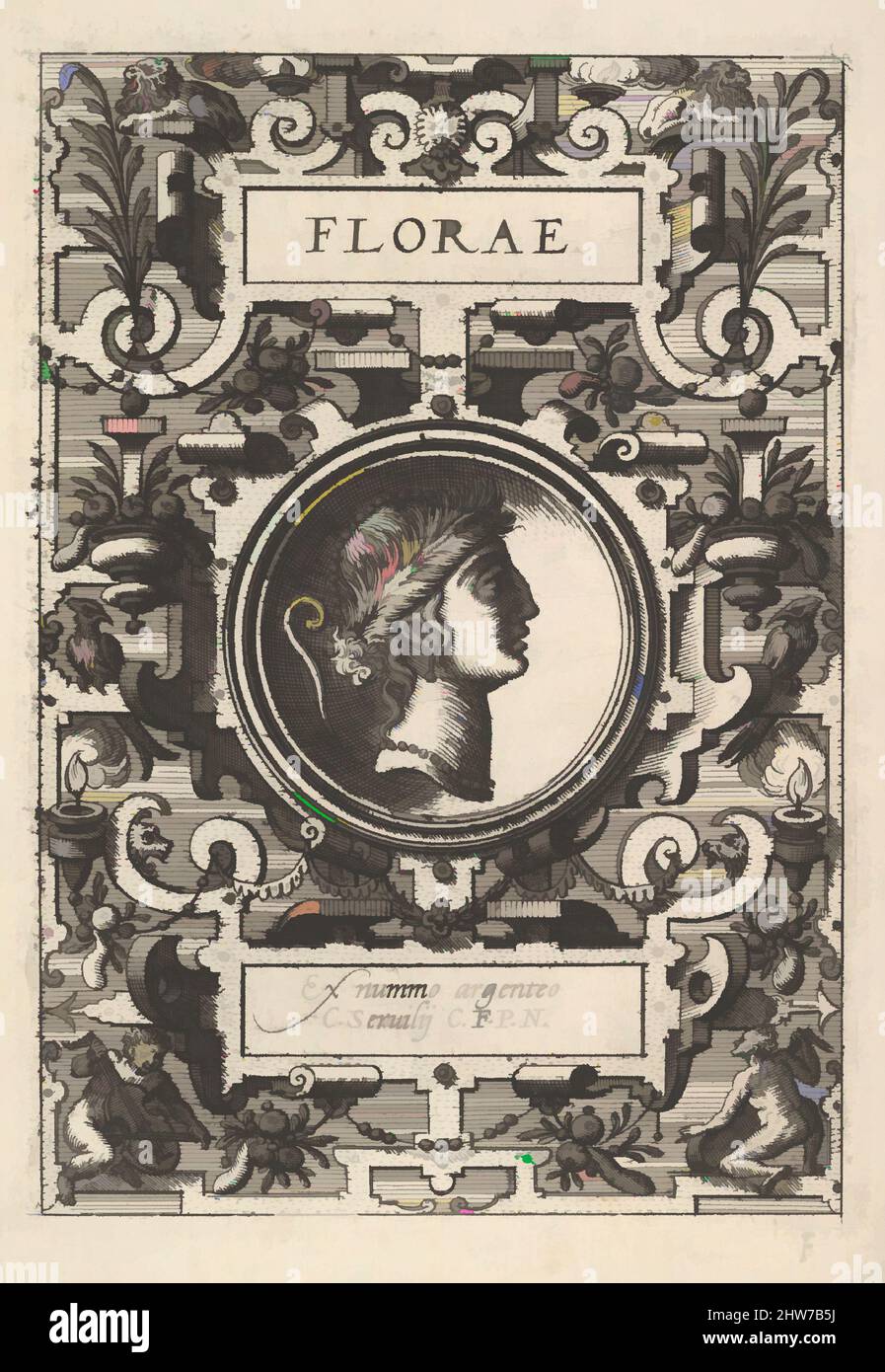 Art inspiré par le buste de Florae entouré de chardonnements, de la série 'Deorum dearumque', un ensemble d'images de divinités après pièces dans la collection d'Abraham Ortelius, 1573, Etching, plaque: 4 7/8 x 3 7/16 po. (12,4 x 8,7 cm), d'après Hans Vredeman de Vries (Netherlandish, Leeuwarden, oeuvres classiques modernisées par Artotop avec une touche de modernité. Formes, couleur et valeur, impact visuel accrocheur sur l'art émotions par la liberté d'œuvres d'art d'une manière contemporaine. Un message intemporel qui cherche une nouvelle direction créative. Artistes qui se tournent vers le support numérique et créent le NFT Artotop Banque D'Images
