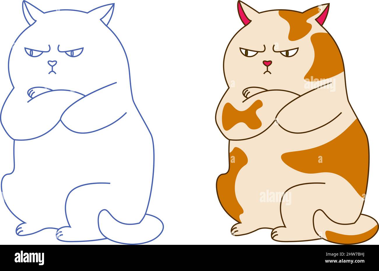Ensemble de deux animaux personnage Angry FAT chat pois dessin à plat et de style contour Illustration de Vecteur
