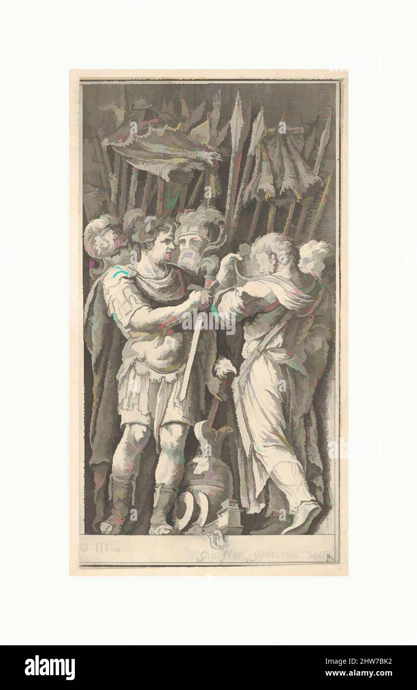 Art inspiré par les soldats, dont l'un montre le frontally et tient une épée, à droite un soldat avec son dos tourné et tenant une tasse, quatre soldats debout derrière eux avec des normes et des lances, après les fresques perdues par Polidoro da Caravaggio sur la façade du Palais Milesi dans la via della, Œuvres classiques modernisées par Artotop avec une touche de modernité. Formes, couleur et valeur, impact visuel accrocheur sur l'art émotions par la liberté d'œuvres d'art d'une manière contemporaine. Un message intemporel qui cherche une nouvelle direction créative. Artistes qui se tournent vers le support numérique et créent le NFT Artotop Banque D'Images
