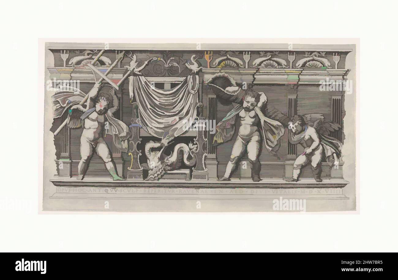 Art inspiré par le Bas-secours aux trois-Amours (le trône de Neptune), 1519, gravure, feuille : 7 11/16 x 14 3/16 po. (19,5 x 36,1 cm), tirages, après Marco Dente (Italien, Ravenne, actif par 1515–mort 1527 Rome, oeuvres classiques modernisées par Artotop avec un peu de modernité. Formes, couleur et valeur, impact visuel accrocheur sur l'art émotions par la liberté d'œuvres d'art d'une manière contemporaine. Un message intemporel qui cherche une nouvelle direction créative. Artistes qui se tournent vers le support numérique et créent le NFT Artotop Banque D'Images