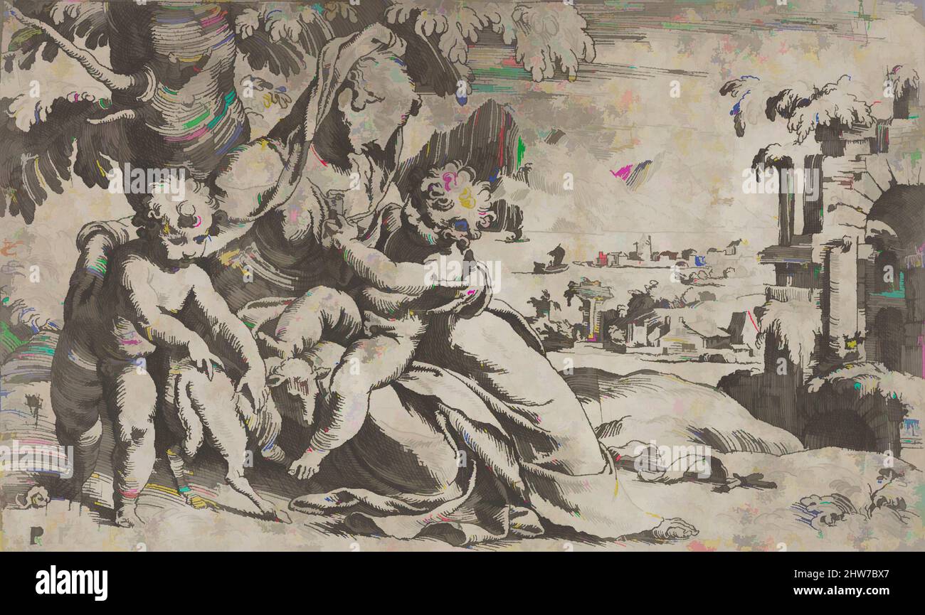 Art inspiré par la Vierge et l'enfant assis avec Saint Jean-Baptiste sur une colline, le Baptist embrasse un agneau, une croix de roseau se trouve sur la terre derrière la jambe gauche de la Vierge, ca. 1560–1606, Décapage, feuille : 6 7/16 x 10 11/16 po. (16,3 x 27,1 cm), Prints, Paolo Farinati (Italien, Vérone 1524, oeuvres classiques modernisées par Artotop avec une touche de modernité. Formes, couleur et valeur, impact visuel accrocheur sur l'art émotions par la liberté d'œuvres d'art d'une manière contemporaine. Un message intemporel qui cherche une nouvelle direction créative. Artistes qui se tournent vers le support numérique et créent le NFT Artotop Banque D'Images