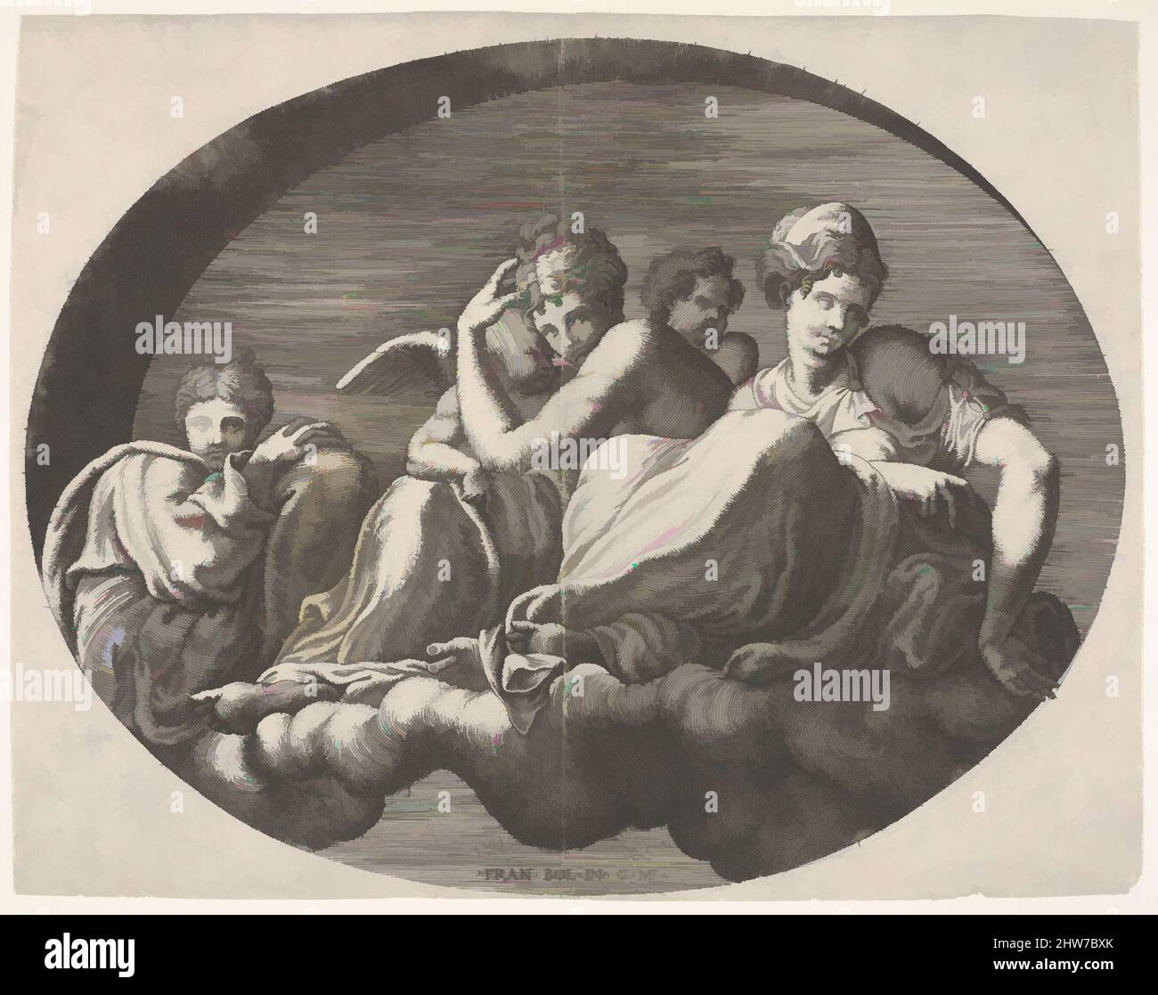 Art inspiré par Vénus et Cupid et deux autres déesses assis sur un nuage sous une arche et accompagné d'un puto, une composition ovale, d'une série de huit compositions d'après les dessins de Francesco Primaticcio pour le plafond de la Galerie Ulysses (détruite de 1738 à 39) à Fontainebleau, Œuvres classiques modernisées par Artotop avec une touche de modernité. Formes, couleur et valeur, impact visuel accrocheur sur l'art émotions par la liberté d'œuvres d'art d'une manière contemporaine. Un message intemporel qui cherche une nouvelle direction créative. Artistes qui se tournent vers le support numérique et créent le NFT Artotop Banque D'Images