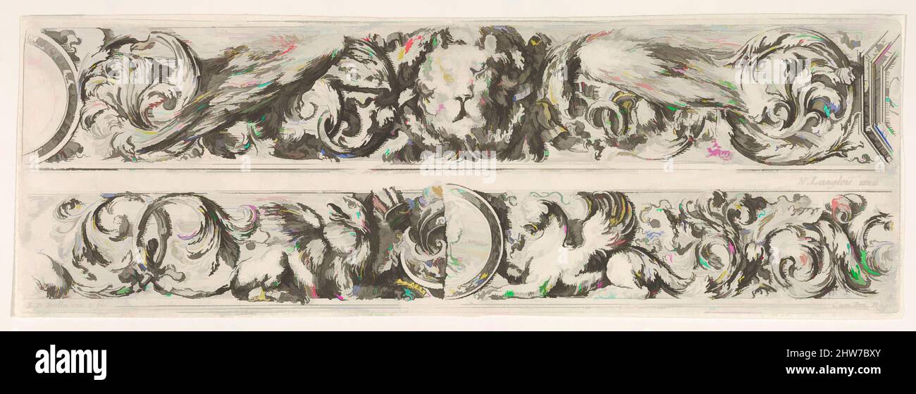 Art inspiré par deux dessins pour les frises avec des manuscrits d'Acanthus, chacun avec une variante, planche 4 de: 'Frises et feuillage de la Désoration' (Ornamenti di fregi e fogliami), ca. 1645–50, Etching, Stefano della Bella (Italien, Florence 1610–1664 Florence, oeuvres classiques modernisées par Artotop avec une touche de modernité. Formes, couleur et valeur, impact visuel accrocheur sur l'art émotions par la liberté d'œuvres d'art d'une manière contemporaine. Un message intemporel qui cherche une nouvelle direction créative. Artistes qui se tournent vers le support numérique et créent le NFT Artotop Banque D'Images