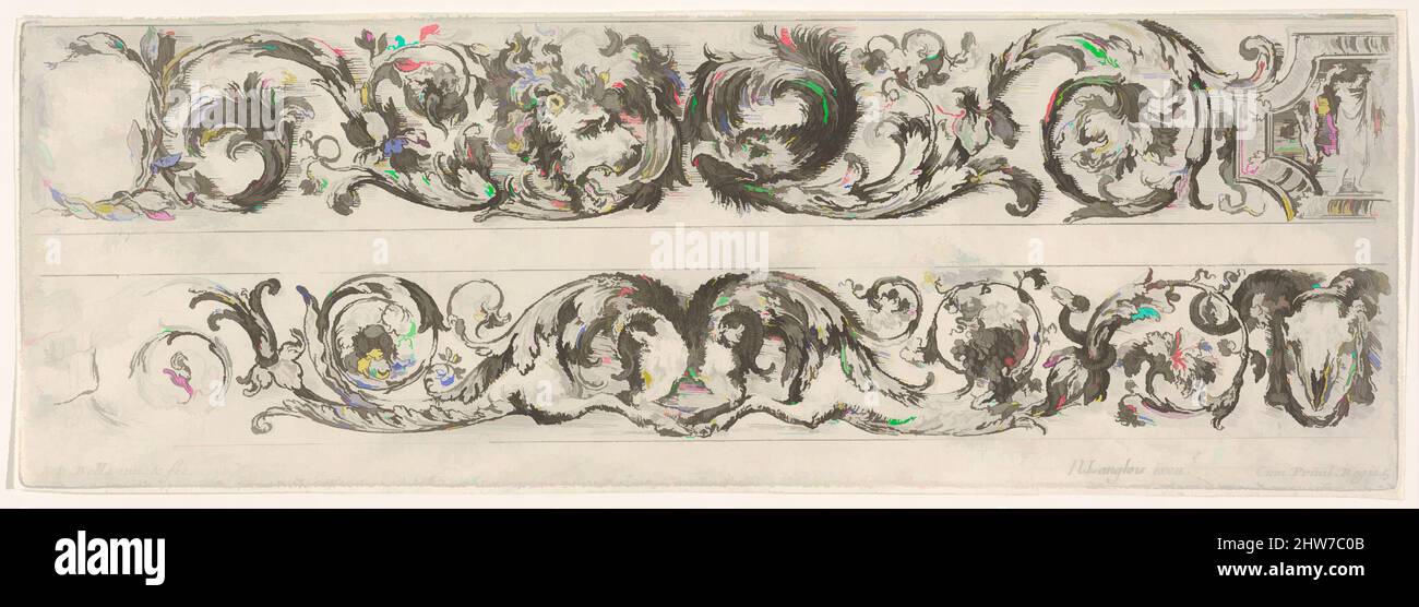 Art inspiré par deux Frieze Designs avec des manuscrits d'Acanthus combinés avec un Lion et un aigle sur le dessus et deux Rams en dessous, planche 5 de: 'Frises et feuillage de la région de 'decoratives' (Ornamenti di fregi e fogliami), ca. 1645–50, Décapage, feuille : 3 1/4 × 9 1/2 po. (8,3 × 24,2 cm), Stefano della Bella (, oeuvres classiques modernisées par Artotop avec une touche de modernité. Formes, couleur et valeur, impact visuel accrocheur sur l'art émotions par la liberté d'œuvres d'art d'une manière contemporaine. Un message intemporel qui cherche une nouvelle direction créative. Artistes qui se tournent vers le support numérique et créent le NFT Artotop Banque D'Images