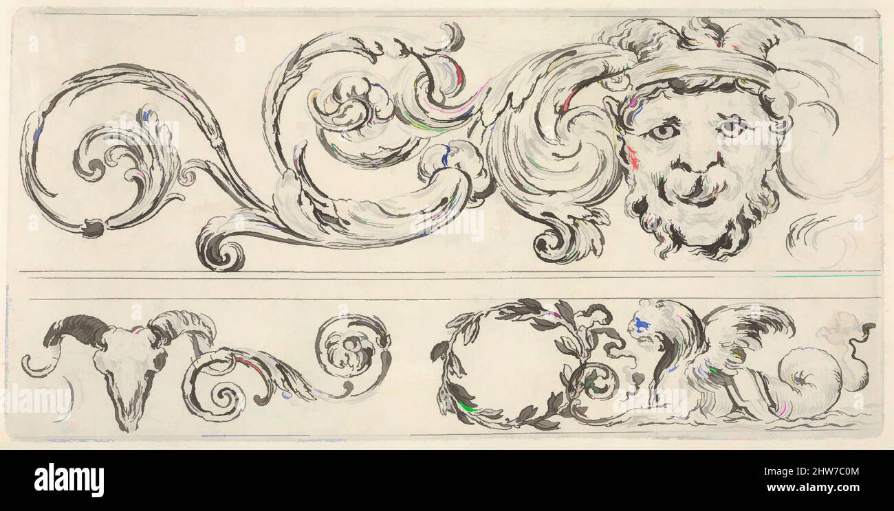 Art inspiré par la planche 2: Trois fragments de frises; en haut, une tête grotesque d'un homme, un crâne d'un bélier en bas à gauche et une chimère en bas à droite, de 'frises, feuillage, et grotesques' (Frise, feuillages et grotesques), env. 1638–43, Décapage, feuille : 2 7/16 × 4 7/8 po. (6,2 × 12,4, œuvres classiques modernisées par Artotop avec une touche de modernité. Formes, couleur et valeur, impact visuel accrocheur sur l'art émotions par la liberté d'œuvres d'art d'une manière contemporaine. Un message intemporel qui cherche une nouvelle direction créative. Artistes qui se tournent vers le support numérique et créent le NFT Artotop Banque D'Images