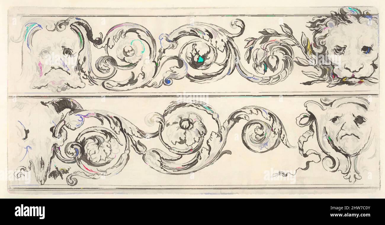 Art inspiré par la planche 5: Deux frises; en haut, une tête grotesque d'un vieil homme à gauche, une tête de lion à droite, en bas, un crâne de bélier à gauche, une tête grotesque d'un homme à droite, de 'frises, feuillage, et grotesques' (Fhees, feuillages et grotesques), env. 1638–43, Etching, feuille: 2 9/, œuvres classiques modernisées par Artotop avec une touche de modernité. Formes, couleur et valeur, impact visuel accrocheur sur l'art émotions par la liberté d'œuvres d'art d'une manière contemporaine. Un message intemporel qui cherche une nouvelle direction créative. Artistes qui se tournent vers le support numérique et créent le NFT Artotop Banque D'Images