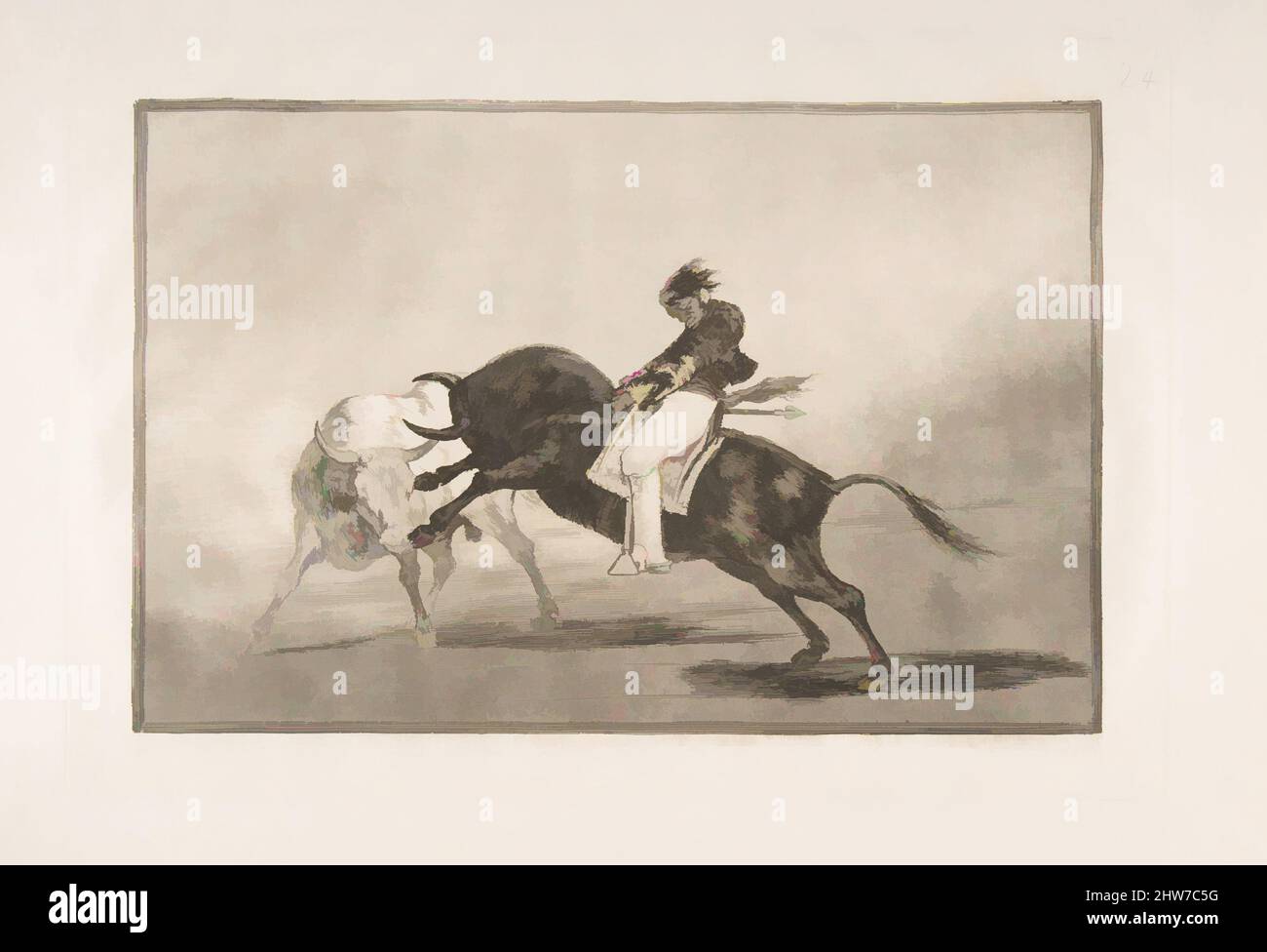 Art inspiré par la planche 24 de la 'Tauromaquia': Le même Ceballos monté sur un autre taureau casse les lances courtes dans l'anneau à Madrid., 1816, Etching, craie d'aquatint, point sec et burin, Plaque : 9 1/2 x 14 po. (24,2 x 35,5 cm), Prints, Goya (Francisco de Goya y Lucientes) (espagnol, oeuvres classiques modernisées par Artotop avec une touche de modernité. Formes, couleur et valeur, impact visuel accrocheur sur l'art émotions par la liberté d'œuvres d'art d'une manière contemporaine. Un message intemporel qui cherche une nouvelle direction créative. Artistes qui se tournent vers le support numérique et créent le NFT Artotop Banque D'Images