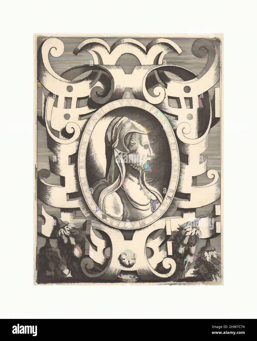 Art inspiré par le portrait en profil de buste de Catherine de Medici dans un cadre ornementé, de 'Portraits de certains princes et illustres peuples' ('Ritratti di alcuni prencipi, et huomini illustri'; également intitulé 'imagines quorundam principum et illustre strium virum'), publié par Bolognino, œuvres classiques d'Artotsplash modernisées. Formes, couleur et valeur, impact visuel accrocheur sur l'art émotions par la liberté d'œuvres d'art d'une manière contemporaine. Un message intemporel qui cherche une nouvelle direction créative. Artistes qui se tournent vers le support numérique et créent le NFT Artotop Banque D'Images