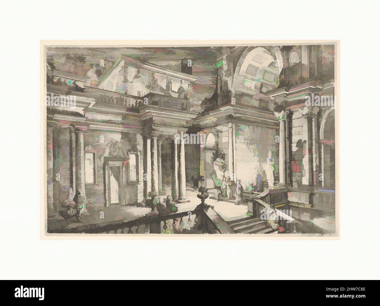 Art inspiré par l'intérieur d'un bâtiment classique montrant les personnes engagées dans la conversation, ca. 1700–1737, Décapage, plaque : 6 5/16 x 9 5/8 po. (16 x 24,5 cm), Pietro Francesco Prina (italien, actif 18th siècle, oeuvres classiques modernisées par Artotop avec une touche de modernité. Formes, couleur et valeur, impact visuel accrocheur sur l'art émotions par la liberté d'œuvres d'art d'une manière contemporaine. Un message intemporel qui cherche une nouvelle direction créative. Artistes qui se tournent vers le support numérique et créent le NFT Artotop Banque D'Images