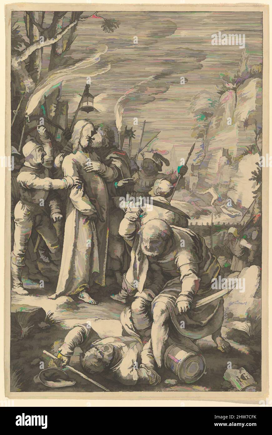 Art inspiré par la trahison du Christ, de la passion du Christ, 1598, gravure; deuxième état de deux, feuille : 8 1/16 x 5 3/8 po. (20,5 x 13,7 cm), gravures, Hendrick Goltzius (Netherlandish, Mühlbracht 1558–1617 Haarlem), entre 1596 et 1598 Goltzius gravé cette série de douze œuvres classiques modernisées par Artotop avec une touche de modernité. Formes, couleur et valeur, impact visuel accrocheur sur l'art émotions par la liberté d'œuvres d'art d'une manière contemporaine. Un message intemporel qui cherche une nouvelle direction créative. Artistes qui se tournent vers le support numérique et créent le NFT Artotop Banque D'Images