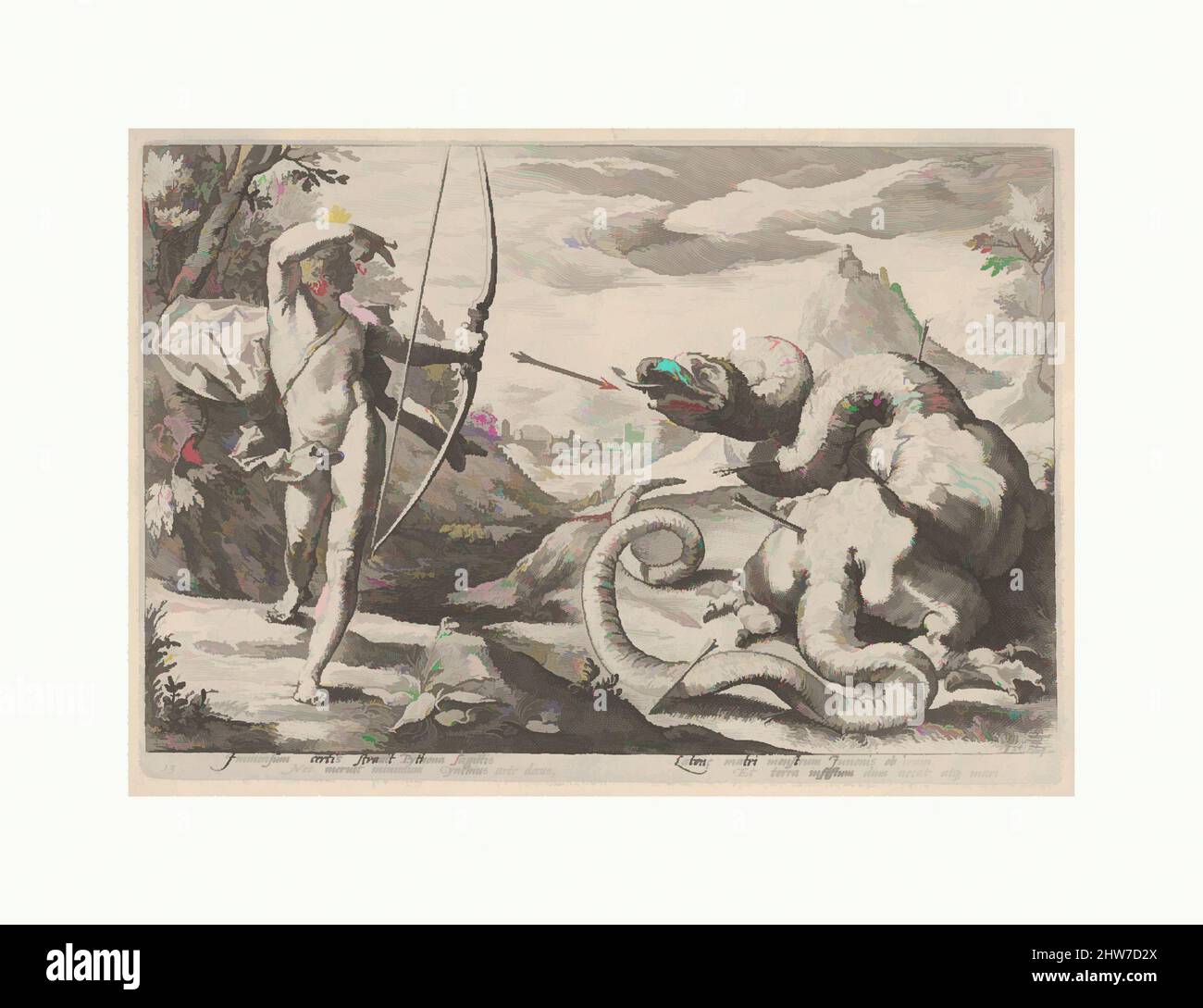 Art inspiré par Apollo Killing the Python, gravure, plaque : 6 7/8 x 9 13/16 po. (17,4 x 25 cm), estampes, éventuellement de Robert Willemsz de Baudous (Netherlandish, 1574/5–1659), d'après Hendrick Goltzius (Netherlandish, Mühlbracht 1558–1617 Haarlem, oeuvres classiques modernisées par Artotop avec une touche de modernité. Formes, couleur et valeur, impact visuel accrocheur sur l'art émotions par la liberté d'œuvres d'art d'une manière contemporaine. Un message intemporel qui cherche une nouvelle direction créative. Artistes qui se tournent vers le support numérique et créent le NFT Artotop Banque D'Images