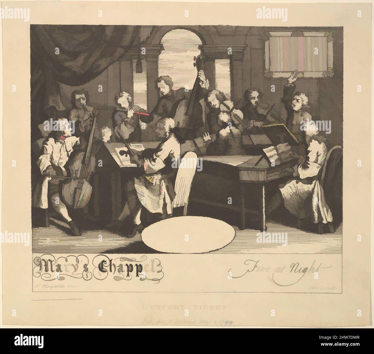 Billet pour un concert inspiré par l'art - Mary's Chappel, cinq nuits, 1 mai 1799, gravure, feuille : 5 7/8 x 6 11/16 po (15 x 17 cm), Prints, d'après William Hogarth (britannique, Londres 1697–1764 Londres, les œuvres classiques modernisées par Artotop avec une touche de modernité. Formes, couleur et valeur, impact visuel accrocheur sur l'art émotions par la liberté d'œuvres d'art d'une manière contemporaine. Un message intemporel qui cherche une nouvelle direction créative. Artistes qui se tournent vers le support numérique et créent le NFT Artotop Banque D'Images