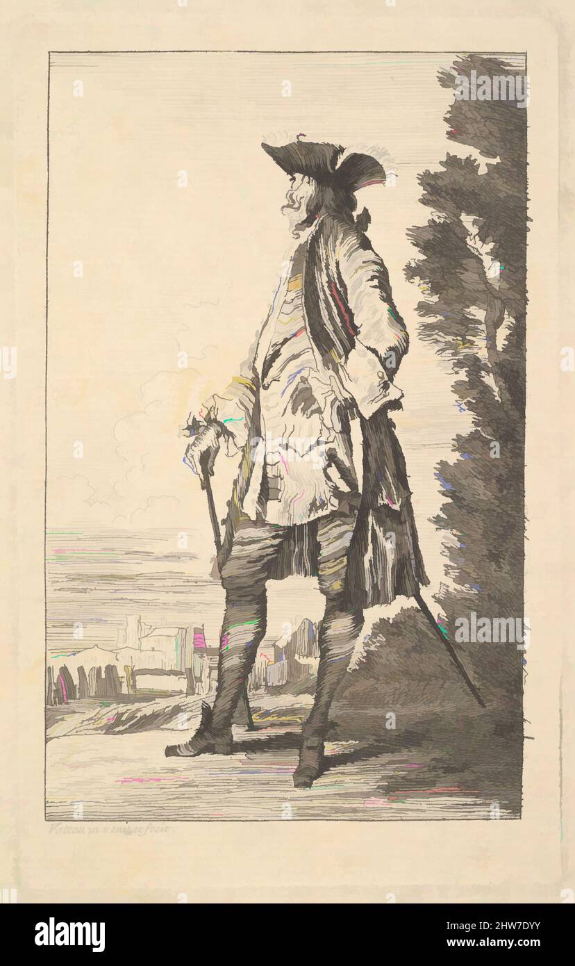 Art inspiré par l'homme marchant et portant une canne dans sa main droite, montré en trois quarts de vue avec sa tête tournée loin du spectateur, de la série "Figures of Fashion" (Figures de modes), ca. 1710, Décapage, feuille : 7 13/16 x 5 13/16 po. (19,8 x 14,8 cm), tirages, Antoine Watteau, œuvres classiques modernisées par Artotop avec une touche de modernité. Formes, couleur et valeur, impact visuel accrocheur sur l'art émotions par la liberté d'œuvres d'art d'une manière contemporaine. Un message intemporel qui cherche une nouvelle direction créative. Artistes qui se tournent vers le support numérique et créent le NFT Artotop Banque D'Images