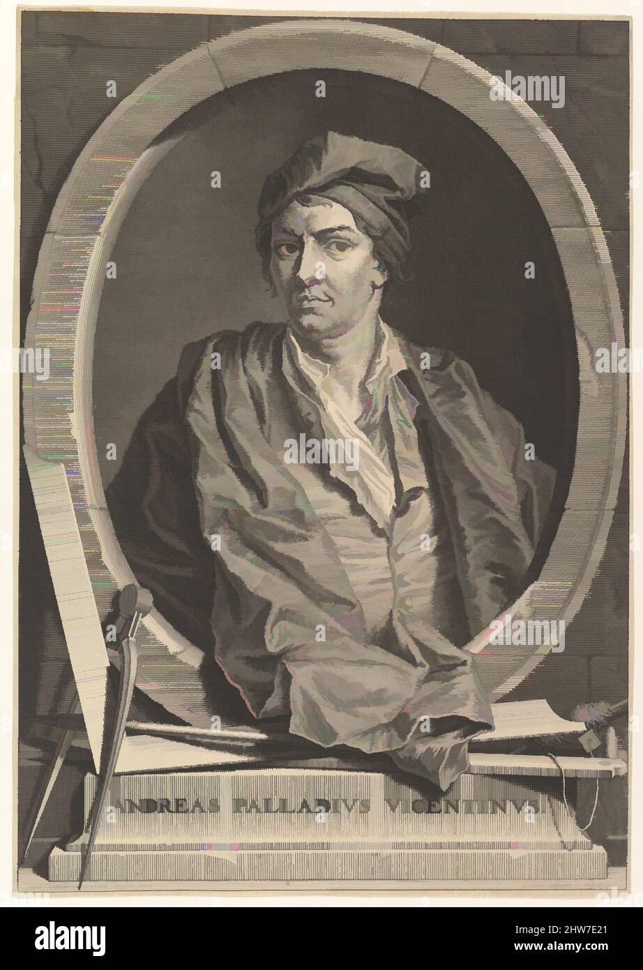 Art inspiré par Portrait d'Andrea Palladio en demi-longueur dans un cadre ovale; Une boussole, la place du menuisier et la ligne de plomb reposent sur la plinthe sous l'ovale, d'une édition non identifiée de 'Architecture de Palladio', révisée par Giacomo Leoni et traduite par Nicholas du Bois, oeuvres classiques modernisées par Artotop avec un peu de modernité. Formes, couleur et valeur, impact visuel accrocheur sur l'art émotions par la liberté d'œuvres d'art d'une manière contemporaine. Un message intemporel qui cherche une nouvelle direction créative. Artistes qui se tournent vers le support numérique et créent le NFT Artotop Banque D'Images