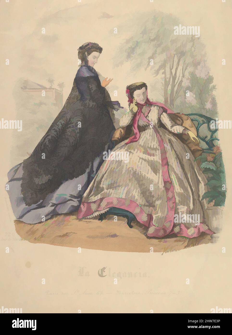 Art inspiré par Two Women Outdoors, n° 720, de la Elegancia (Barcelone), 19th siècle, lithographie couleur main, feuille: 11 5/8 x 8 5/8 po. (29,5 x 21,9 cm), Prints, Hélöise Leloir (français, 1820–1873, oeuvres classiques modernisées par Artotop avec une touche de modernité. Formes, couleur et valeur, impact visuel accrocheur sur l'art émotions par la liberté d'œuvres d'art d'une manière contemporaine. Un message intemporel qui cherche une nouvelle direction créative. Artistes qui se tournent vers le support numérique et créent le NFT Artotop Banque D'Images