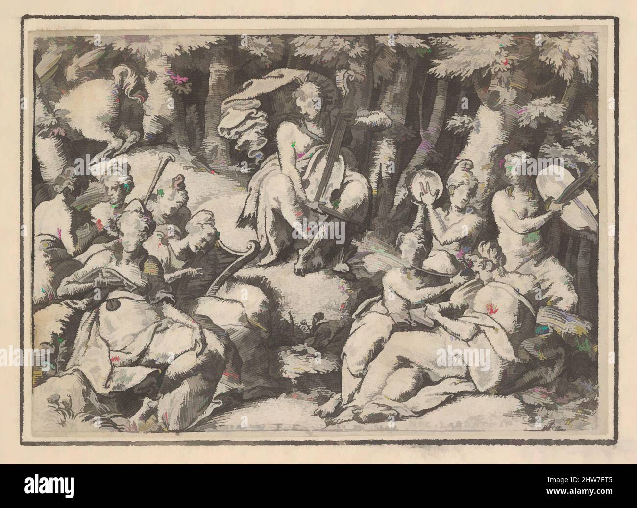 Art inspiré par Apollon sur Parnassus (Apollon sur le Parnasse), 16th siècle, gravure, image : 1 9/16 x 2 3/16 po. (4 x 5,6 cm), estampes, Étienne Delaune (français, Orléans 1518/19–1583 Strasbourg), d'après Nicolo dell'Abbate (italien, Modène 1509/12–1571 Fontainebleau, oeuvres classiques modernisées par Artotop avec une touche de modernité. Formes, couleur et valeur, impact visuel accrocheur sur l'art émotions par la liberté d'œuvres d'art d'une manière contemporaine. Un message intemporel qui cherche une nouvelle direction créative. Artistes qui se tournent vers le support numérique et créent le NFT Artotop Banque D'Images