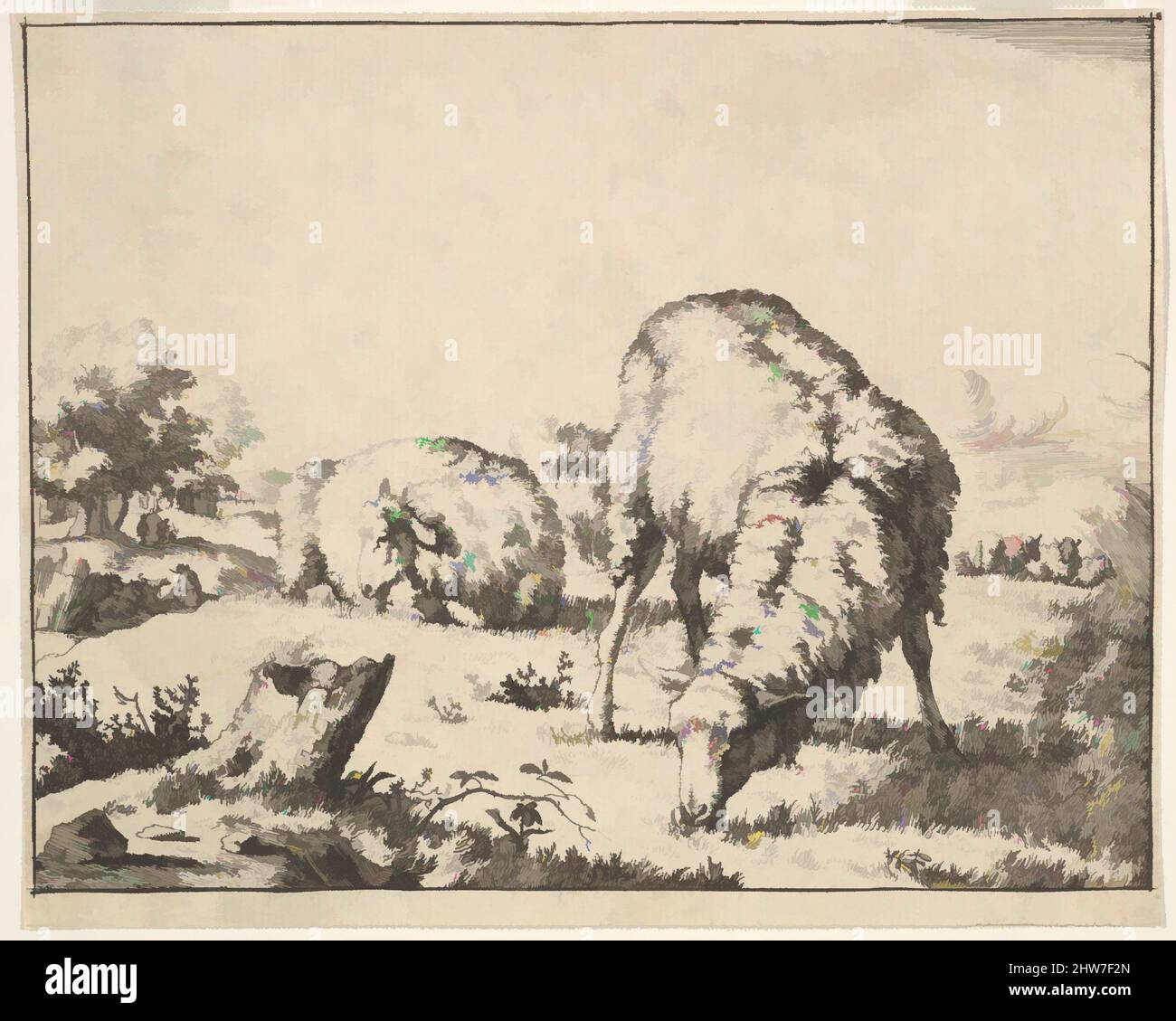 Art inspiré par Sheep, à partir d'un ensemble de 16 plaques, 1664, Etching, feuille: 4 7/16 x 5 1/2 po. (11,3 x 14 cm), Prints, Marcus de Bye (néerlandais, la Haye 1639–après 1688, oeuvres classiques modernisées par Artotop avec une touche de modernité. Formes, couleur et valeur, impact visuel accrocheur sur l'art émotions par la liberté d'œuvres d'art d'une manière contemporaine. Un message intemporel qui cherche une nouvelle direction créative. Artistes qui se tournent vers le support numérique et créent le NFT Artotop Banque D'Images