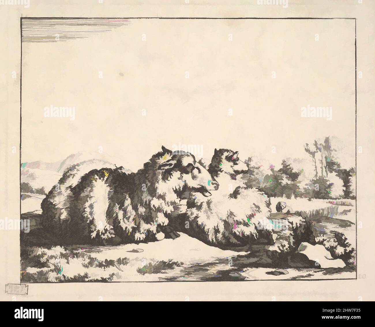 Art inspiré par Sheep, à partir d'un jeu de 16 plaques, 1664, Etching, plaque: 4 11/16 x 5 13/16 po. (11,9 x 14,8 cm), Prints, Marcus de Bye (néerlandais, la Haye 1639–après 1688, oeuvres classiques modernisées par Artotop avec une touche de modernité. Formes, couleur et valeur, impact visuel accrocheur sur l'art émotions par la liberté d'œuvres d'art d'une manière contemporaine. Un message intemporel qui cherche une nouvelle direction créative. Artistes qui se tournent vers le support numérique et créent le NFT Artotop Banque D'Images