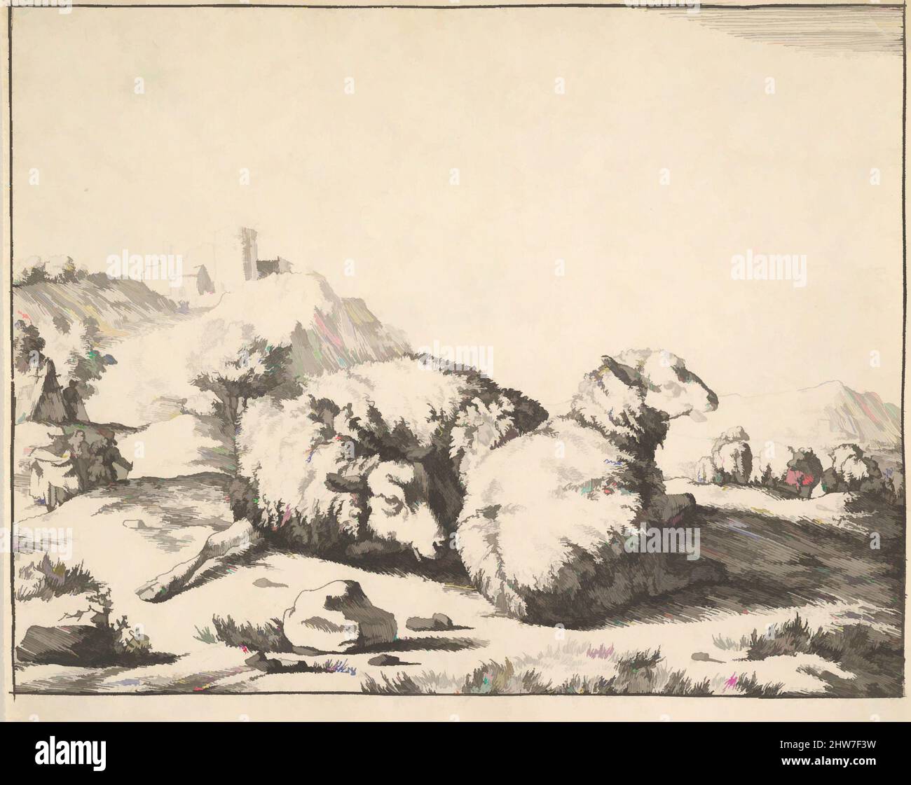 Art inspiré par Sheep, à partir d'un ensemble de 16 plaques, 1664, Etching, feuille: 4 7/16 x 5 1/2 po. (11,2 x 14 cm), Prints, Marcus de Bye (néerlandais, la Haye 1639–après 1688, oeuvres classiques modernisées par Artotop avec une touche de modernité. Formes, couleur et valeur, impact visuel accrocheur sur l'art émotions par la liberté d'œuvres d'art d'une manière contemporaine. Un message intemporel qui cherche une nouvelle direction créative. Artistes qui se tournent vers le support numérique et créent le NFT Artotop Banque D'Images