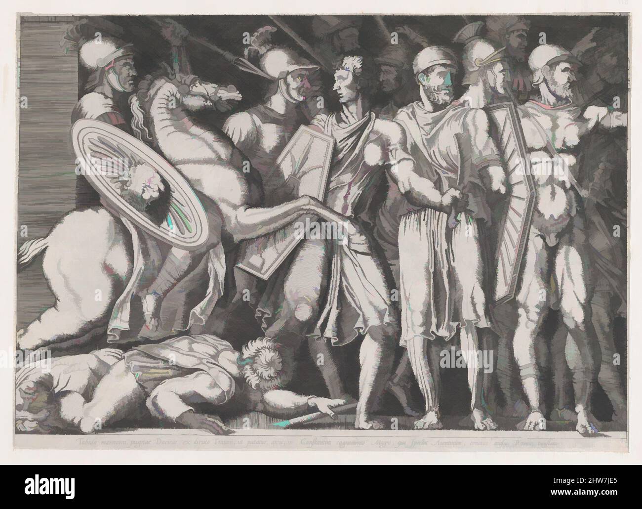Art inspiré par Speculum Romanae Magnificatiae: Trajan Fighting the Dacians, 16th Century, Engraving, feuille: 10 1/4 x 14 3/8 in. (26 x 36,5 cm), tirages, attribué à Marco Dente (Italien, Ravenne, actif par 1515–mort 1527 Rome, oeuvres classiques modernisées par Artotop avec une touche de modernité. Formes, couleur et valeur, impact visuel accrocheur sur l'art émotions par la liberté d'œuvres d'art d'une manière contemporaine. Un message intemporel qui cherche une nouvelle direction créative. Artistes qui se tournent vers le support numérique et créent le NFT Artotop Banque D'Images