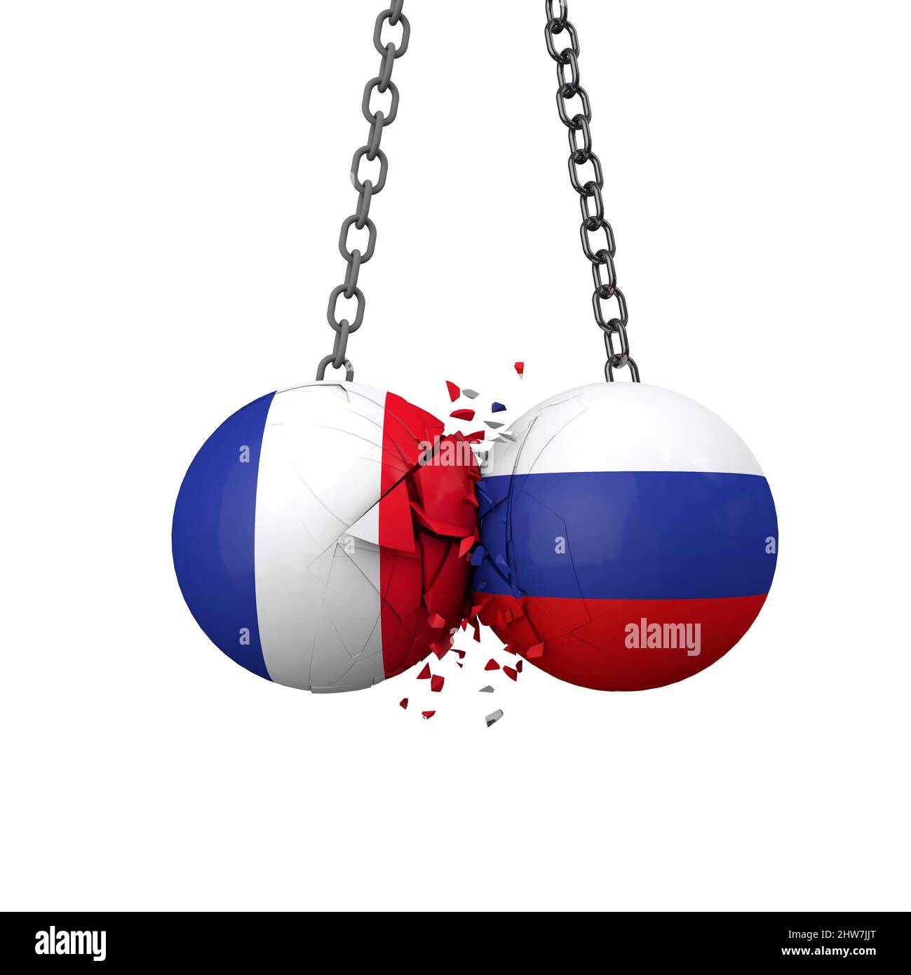 Russie et France concept de tensions politiques. Des balles de démolition de drapeau national se brisent. 3D rendu Banque D'Images