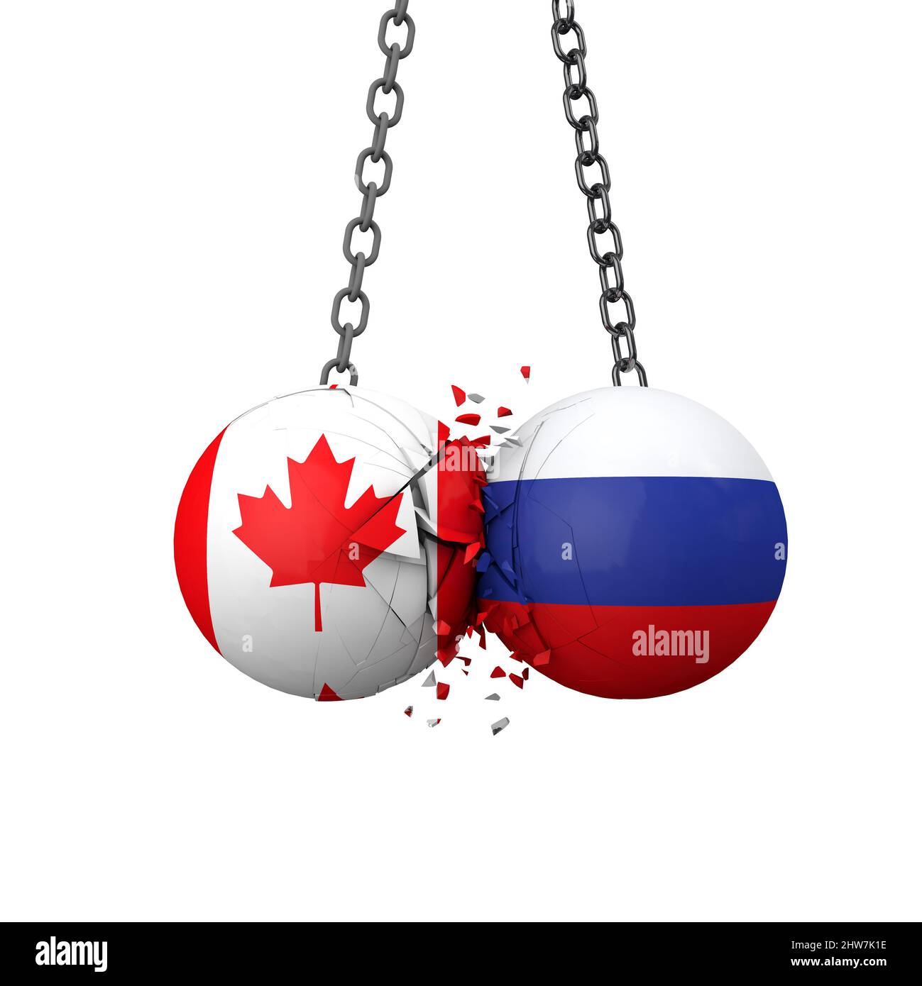 La Russie et le Canada concept des tensions politiques. Des balles de démolition de drapeau national se brisent. 3D rendu Banque D'Images