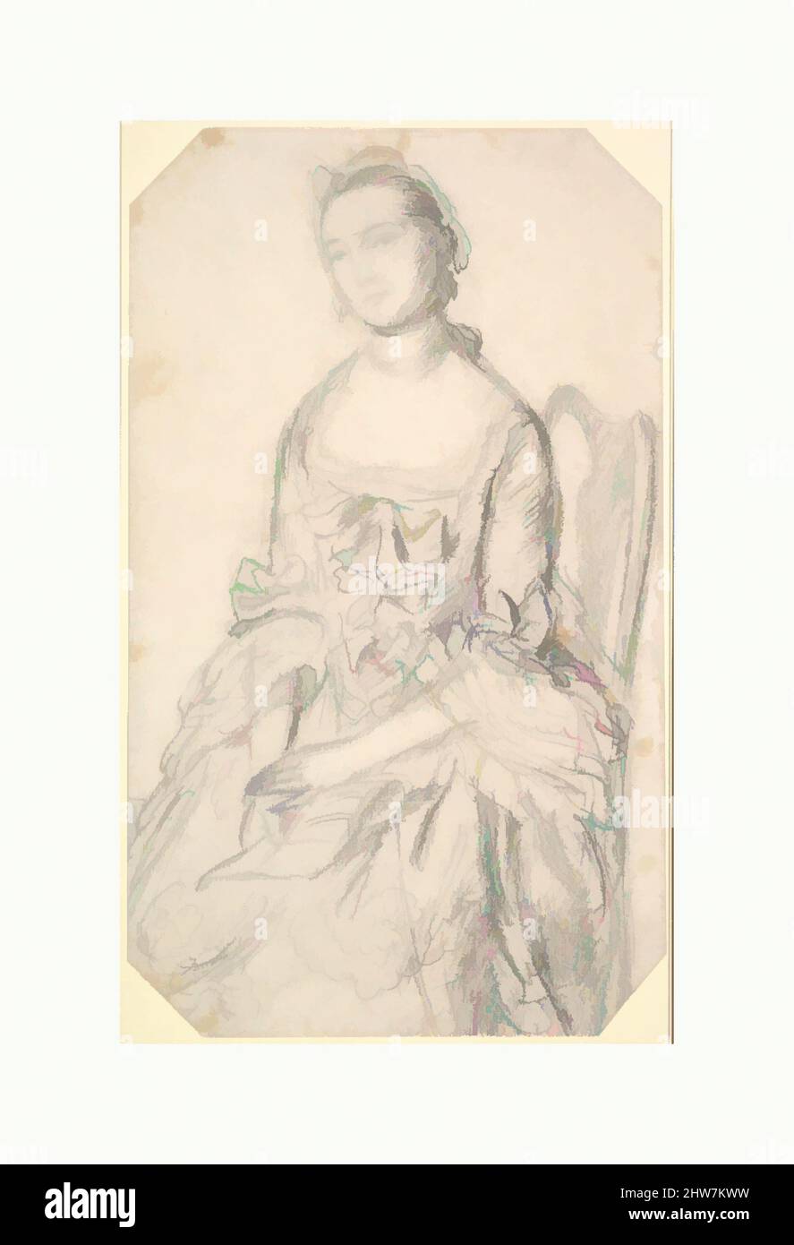 Art inspiré par Portrait d'une jeune femme assise, ca. 1760, craie noire avec touches de lavage rouge, feuille (coins découpés) : 11 3/4 x 7 po. (29,8 x 17,8 cm), dessins, Thomas Gainsborough (British, Sudbury 1727–1788 London), en 1760, Gainsborough déménage à Bath, la principale ville thermale d'Angleterre, les œuvres classiques modernisées par Artotop avec un peu de modernité. Formes, couleur et valeur, impact visuel accrocheur sur l'art émotions par la liberté d'œuvres d'art d'une manière contemporaine. Un message intemporel qui cherche une nouvelle direction créative. Artistes qui se tournent vers le support numérique et créent le NFT Artotop Banque D'Images