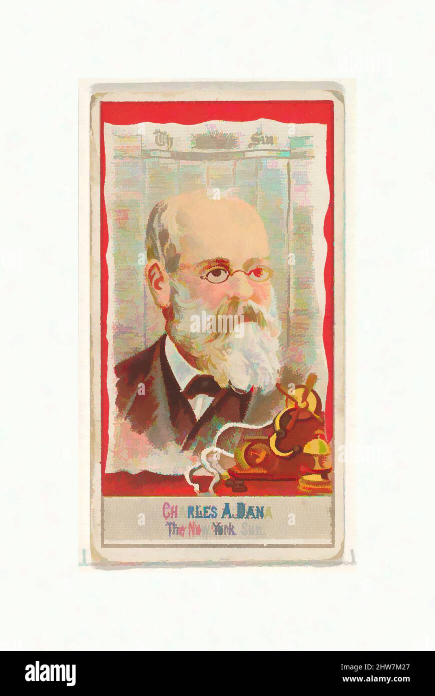 Art inspiré par Charles A. Dana, The New York Sun, de la série des éditeurs américains (N1) pour Allen & Ginter cigarettes Brands, 1887, lithographie couleur commerciale, feuille : 2 3/4 x 1 1/2 po. (7 x 3,8 cm), cartes professionnelles de la série "American Editors" (N1), émises en 1887 dans une série de 50, oeuvres classiques modernisées par Artotop avec un peu de modernité. Formes, couleur et valeur, impact visuel accrocheur sur l'art émotions par la liberté d'œuvres d'art d'une manière contemporaine. Un message intemporel qui cherche une nouvelle direction créative. Artistes qui se tournent vers le support numérique et créent le NFT Artotop Banque D'Images