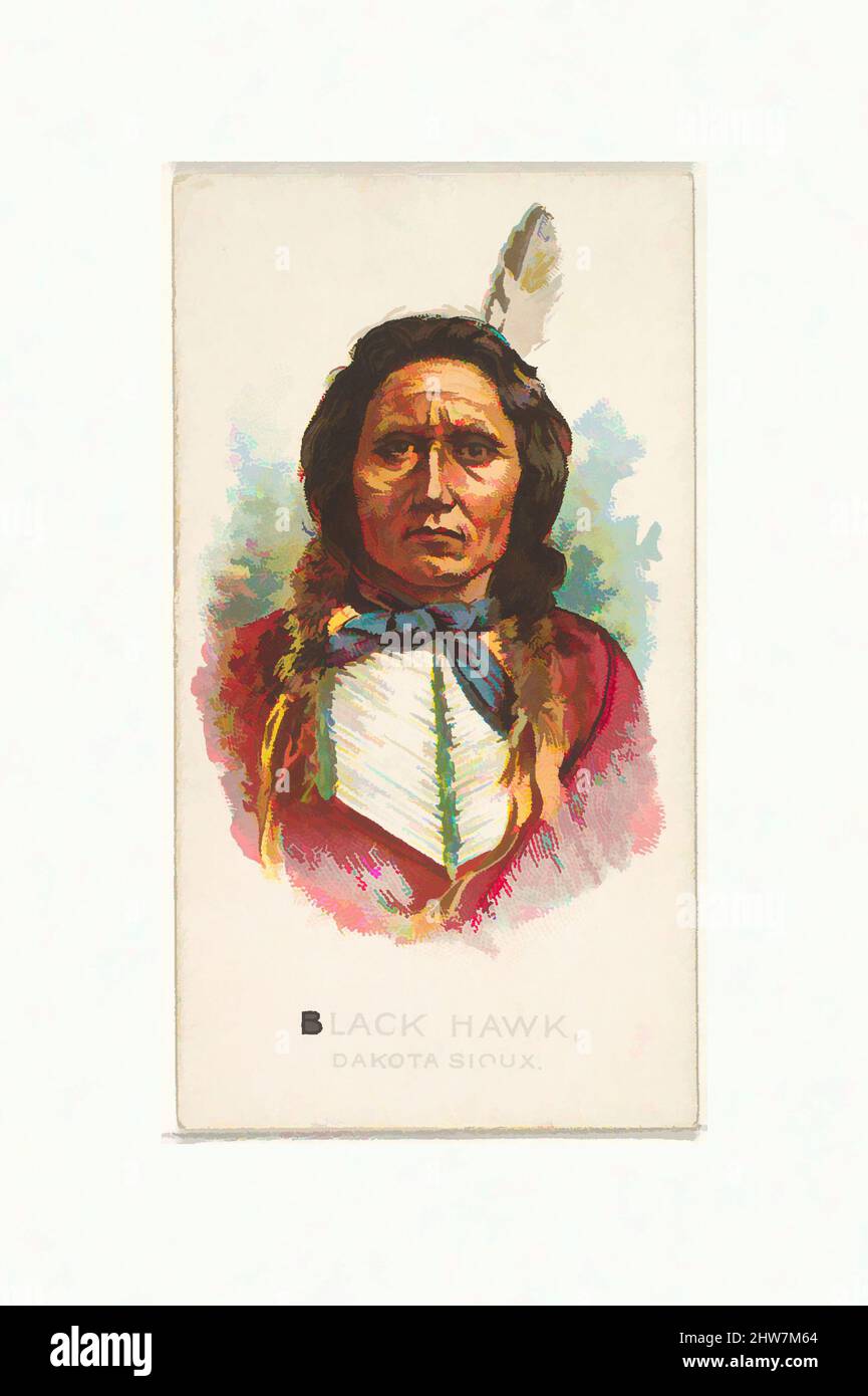 Art inspiré par Black Hawk, Dakota Sioux, de la série American Indian Chiefs (N2) pour Allen & Ginter cigarettes Brands, 1888, lithographie couleur commerciale, feuille : 2 3/4 x 1 1/2 po. (7 x 3,8 cm), cartes professionnelles de la série "American Indian Chiefs" (N2), émises en 1888 dans une série de, œuvres classiques modernisées par Artotop avec une touche de modernité. Formes, couleur et valeur, impact visuel accrocheur sur l'art émotions par la liberté d'œuvres d'art d'une manière contemporaine. Un message intemporel qui cherche une nouvelle direction créative. Artistes qui se tournent vers le support numérique et créent le NFT Artotop Banque D'Images