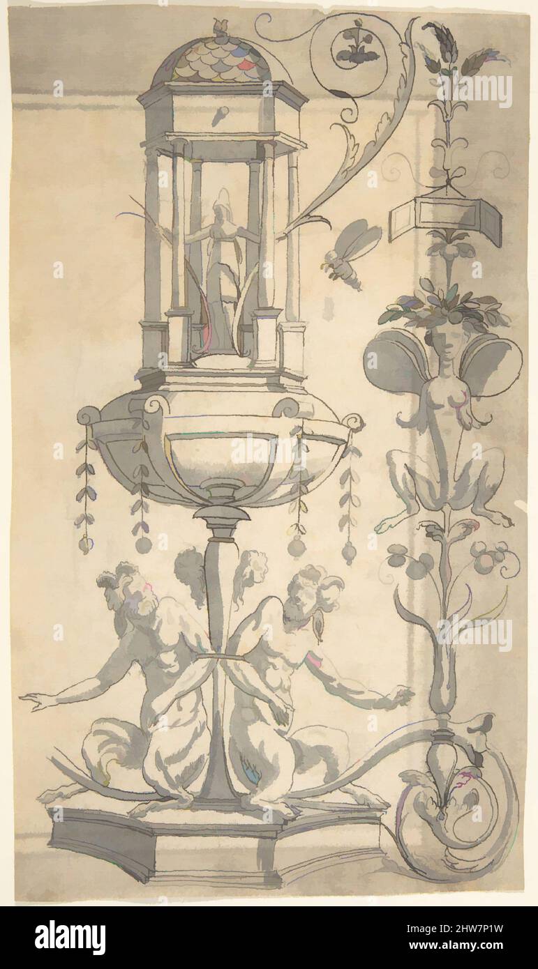 Art inspiré de Candelabra grotesque avec un pavillon hexagonal sur un pied., 1540 après, stylo et encre noire, pinceau et lavage gris, feuille: 9 1/4 x 5 3/8 po. (23,5 x 13,6 cm), Anonyme, Italien, 16th siècle ?, d'après Cornelis Bos (Netherlandish, Hertogenbosch ca. 1510?–avant 1566, les œuvres classiques modernisées par Artotop avec une touche de modernité. Formes, couleur et valeur, impact visuel accrocheur sur l'art émotions par la liberté d'œuvres d'art d'une manière contemporaine. Un message intemporel qui cherche une nouvelle direction créative. Artistes qui se tournent vers le support numérique et créent le NFT Artotop Banque D'Images