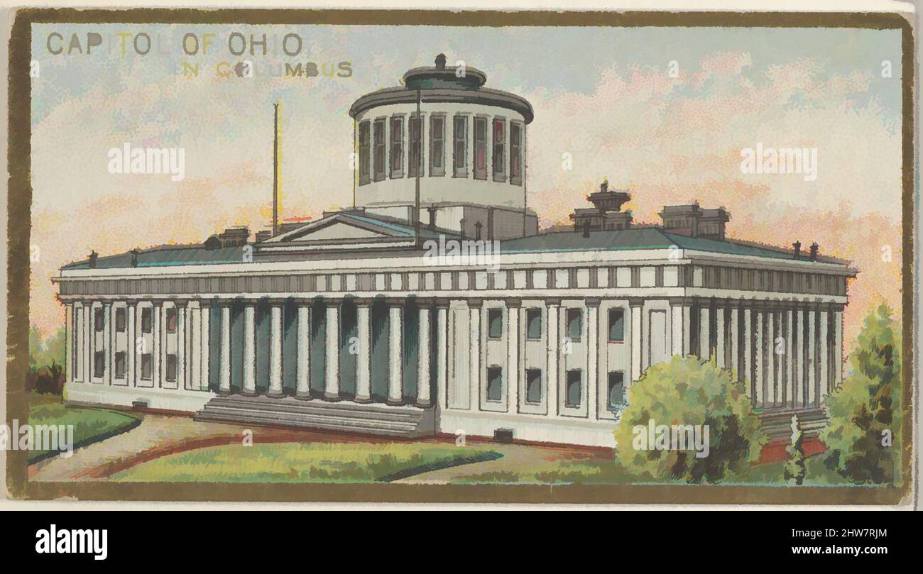 Art inspiré par le Capitole de l'Ohio à Columbus, de la série General Government and State Capitol Buildings (N14) pour Allen & Ginter cigarettes Brands, 1889, lithographie couleur commerciale, feuille : 1 1/2 x 2 3/4 po. (3,8 x 7 cm), cartes professionnelles du 'Gouvernement général et Capitole de l'Etat, oeuvres classiques modernisées par Artotop avec une touche de modernité. Formes, couleur et valeur, impact visuel accrocheur sur l'art émotions par la liberté d'œuvres d'art d'une manière contemporaine. Un message intemporel qui cherche une nouvelle direction créative. Artistes qui se tournent vers le support numérique et créent le NFT Artotop Banque D'Images