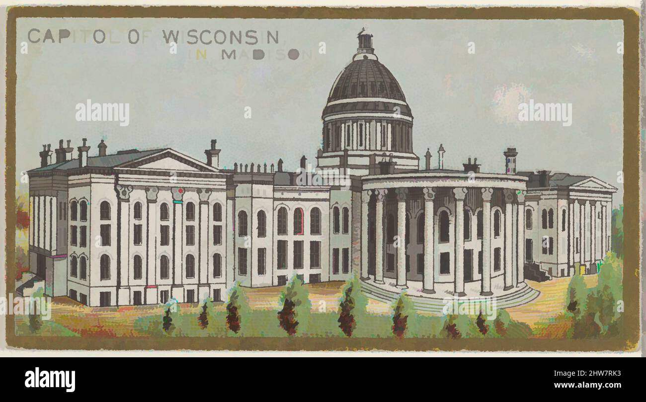 Art inspiré par le Capitole du Wisconsin à Madison, de la série General Government and State Capitol Buildings (N14) pour Allen & Ginter cigarettes Brands, 1889, lithographie couleur commerciale, feuille : 1 1/2 x 2 3/4 po. (3,8 x 7 cm), cartes de commerce du 'Gouvernement général et de l'Etat, oeuvres classiques modernisées par Artotop avec une touche de modernité. Formes, couleur et valeur, impact visuel accrocheur sur l'art émotions par la liberté d'œuvres d'art d'une manière contemporaine. Un message intemporel qui cherche une nouvelle direction créative. Artistes qui se tournent vers le support numérique et créent le NFT Artotop Banque D'Images