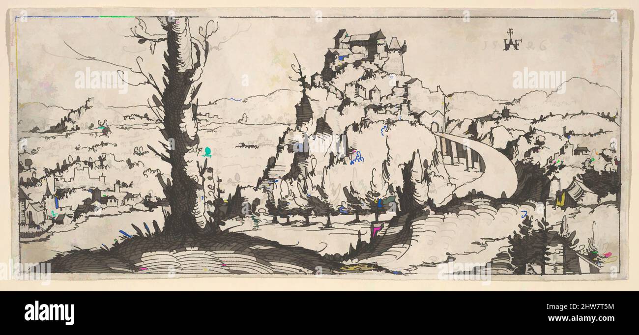 Art inspiré par le paysage avec des rochers et des forteresses, 1546, Etching, plaque: 2 7/16 x 1 3/4 po. (6,2 x 4,5 cm), Prints, Augustin Hirschvogel (allemand, Nuremberg 1503–1553 Vienne, œuvres classiques modernisées par Artotop avec une touche de modernité. Formes, couleur et valeur, impact visuel accrocheur sur l'art émotions par la liberté d'œuvres d'art d'une manière contemporaine. Un message intemporel qui cherche une nouvelle direction créative. Artistes qui se tournent vers le support numérique et créent le NFT Artotop Banque D'Images