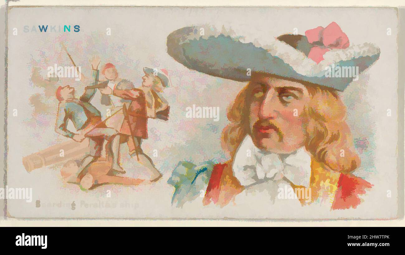 Art inspiré par Sawkins, bateau à embarquement Peralta, de la série Pirates of the Spanish main (N19) pour Allen & Ginter cigarettes, ca. 1888, lithographie couleur commerciale, feuille : 1 1/2 x 2 3/4 po. (3,8 x 7 cm), cartes de commerce de la série 'Pirates of the Spanish main' (N19), publié CA, œuvres classiques modernisées par Artotop avec une touche de modernité. Formes, couleur et valeur, impact visuel accrocheur sur l'art émotions par la liberté d'œuvres d'art d'une manière contemporaine. Un message intemporel qui cherche une nouvelle direction créative. Artistes qui se tournent vers le support numérique et créent le NFT Artotop Banque D'Images