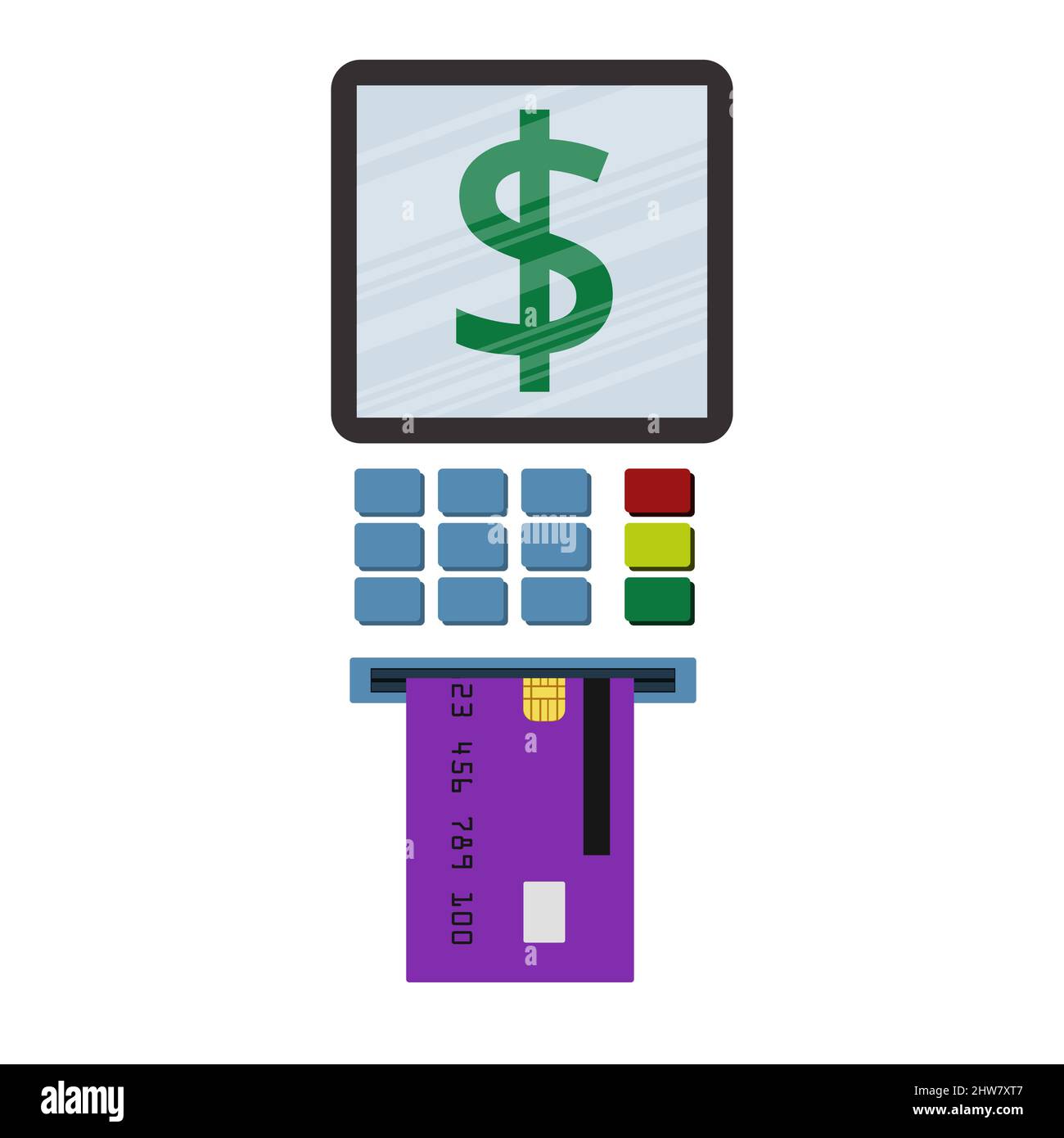 La carte de crédit est insérée dans un distributeur automatique de billets et le symbole dollar s'affiche à l'écran Illustration de Vecteur