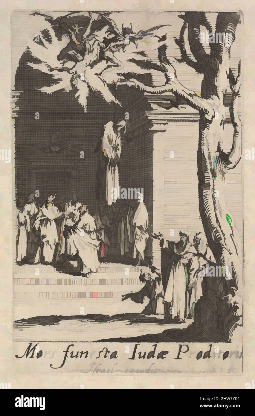 Art inspiré par la mort de Judas, de la série "les petits apôtres" (les petits apôtres), ca. 1632, Décapage, feuille : 4 5/16 x 3 5/16 po. (11 x 8,4 cm), estampes, Jacques Callot (français, Nancy 1592–1635 Nancy, œuvres classiques modernisées par Artotop avec une touche de modernité. Formes, couleur et valeur, impact visuel accrocheur sur l'art émotions par la liberté d'œuvres d'art d'une manière contemporaine. Un message intemporel qui cherche une nouvelle direction créative. Artistes qui se tournent vers le support numérique et créent le NFT Artotop Banque D'Images