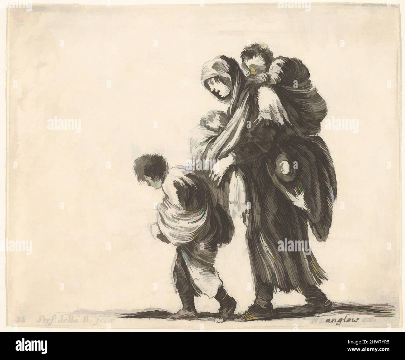 Art inspiré par plate 22: Une femme mendiante avec trois enfants, un enfant sur ses épaules, un enfant dans ses bras, et un enfant qui marche devant elle à gauche, de 'Diversi capricci', ca. 1644–47, Décapage ; troisième état de quatre (de Vesme), feuille : 3 3/16 x 3 7/8 po. (8,1 x 9,9 cm, œuvres classiques modernisées par Artotop avec une touche de modernité. Formes, couleur et valeur, impact visuel accrocheur sur l'art émotions par la liberté d'œuvres d'art d'une manière contemporaine. Un message intemporel qui cherche une nouvelle direction créative. Artistes qui se tournent vers le support numérique et créent le NFT Artotop Banque D'Images