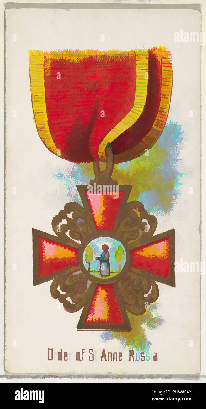 Art inspiré par l'ordre de Sainte-Anne, Russie, de la série de décorations du monde (N30) pour cigarettes Allen & Ginter, 1890, lithographie couleur commerciale, feuille : 2 3/4 x 1 1/2 po. (7 x 3,8 cm), cartes professionnelles de la série 'Décoration du monde' (N30), émises en 1890 dans un ensemble de 50 cartes à, œuvres classiques modernisées par Artotop avec un peu de modernité. Formes, couleur et valeur, impact visuel accrocheur sur l'art émotions par la liberté d'œuvres d'art d'une manière contemporaine. Un message intemporel qui cherche une nouvelle direction créative. Artistes qui se tournent vers le support numérique et créent le NFT Artotop Banque D'Images