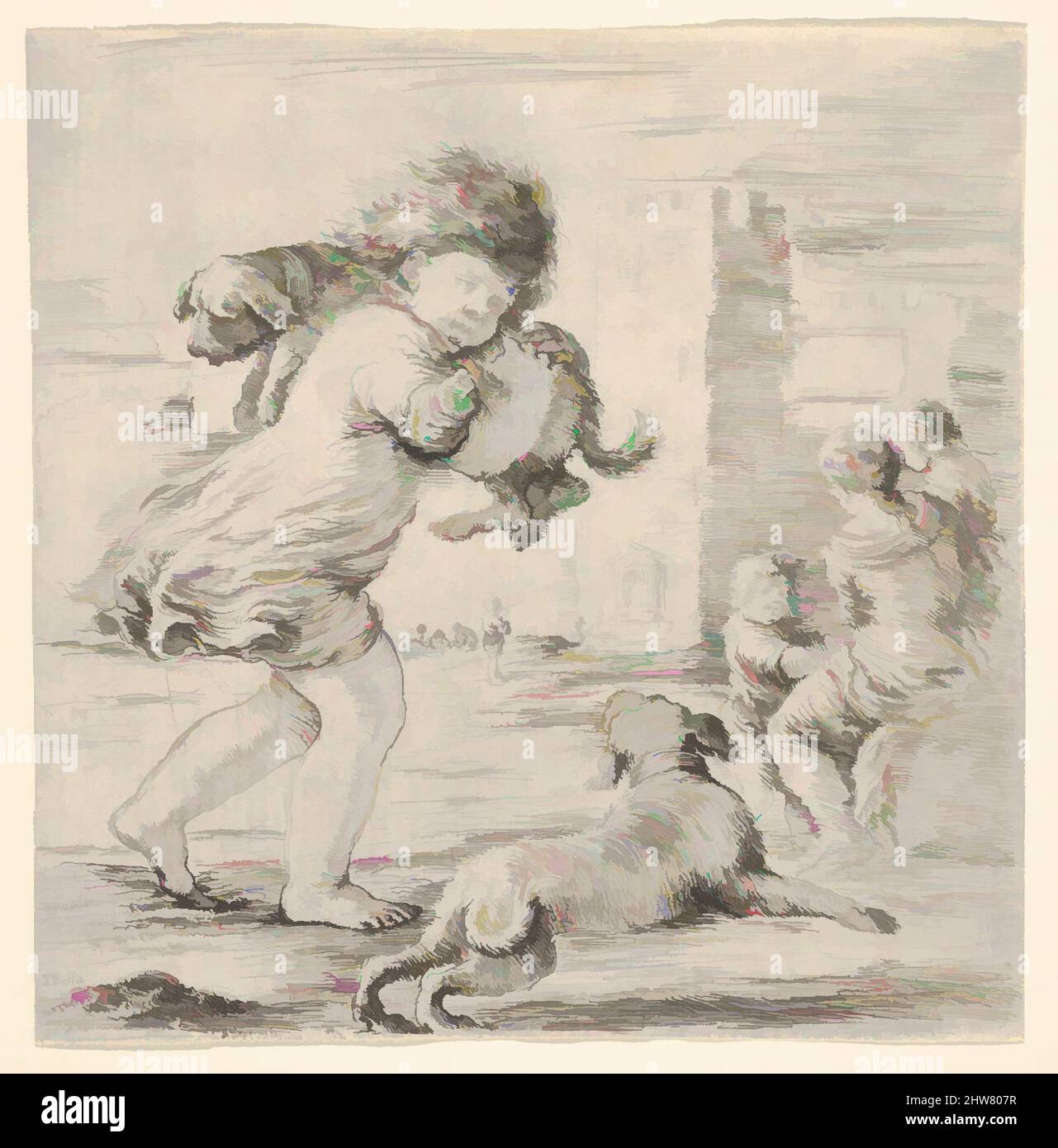 Art inspiré par enfant portant un chien sur son épaule, marchant vers la droite, un autre chien courant à droite, une femme avec deux enfants à droite dans le fond, ca. 1660–64, Décapage, feuille : 5 3/8 x 5 1/4 po. (13,7 x 13,4 cm), Prints, Stefano della Bella (Italien, oeuvres classiques modernisées par Artotop avec une touche de modernité. Formes, couleur et valeur, impact visuel accrocheur sur l'art émotions par la liberté d'œuvres d'art d'une manière contemporaine. Un message intemporel qui cherche une nouvelle direction créative. Artistes qui se tournent vers le support numérique et créent le NFT Artotop Banque D'Images