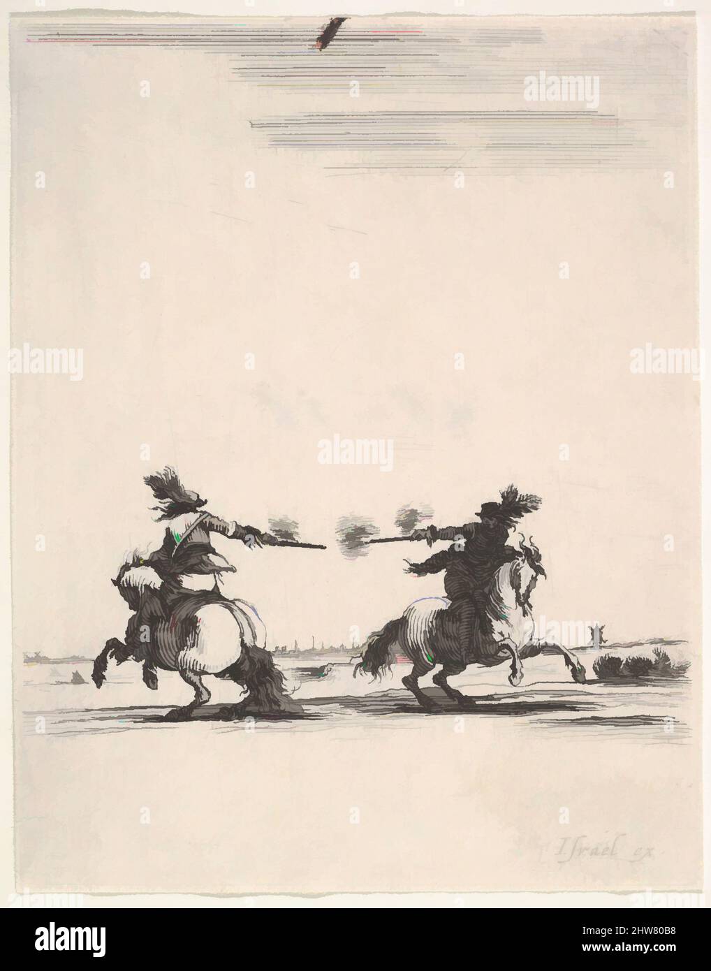 Art inspiré par deux cavaliers doués de pistolets, l'un vu de l'arrière en direction de la gauche, l'autre en direction de la droite, de 'divers exercices de cavalerie' (Diversets exerçes de cavalerie), ca. 1642–45, Décapage, feuille : 3 7/16 x 2 11/16 po. (8,8 x 6,9 cm), Prints, Stefano della Bella (, oeuvres classiques modernisées par Artotop avec un peu de modernité. Formes, couleur et valeur, impact visuel accrocheur sur l'art émotions par la liberté d'œuvres d'art d'une manière contemporaine. Un message intemporel qui cherche une nouvelle direction créative. Artistes qui se tournent vers le support numérique et créent le NFT Artotop Banque D'Images