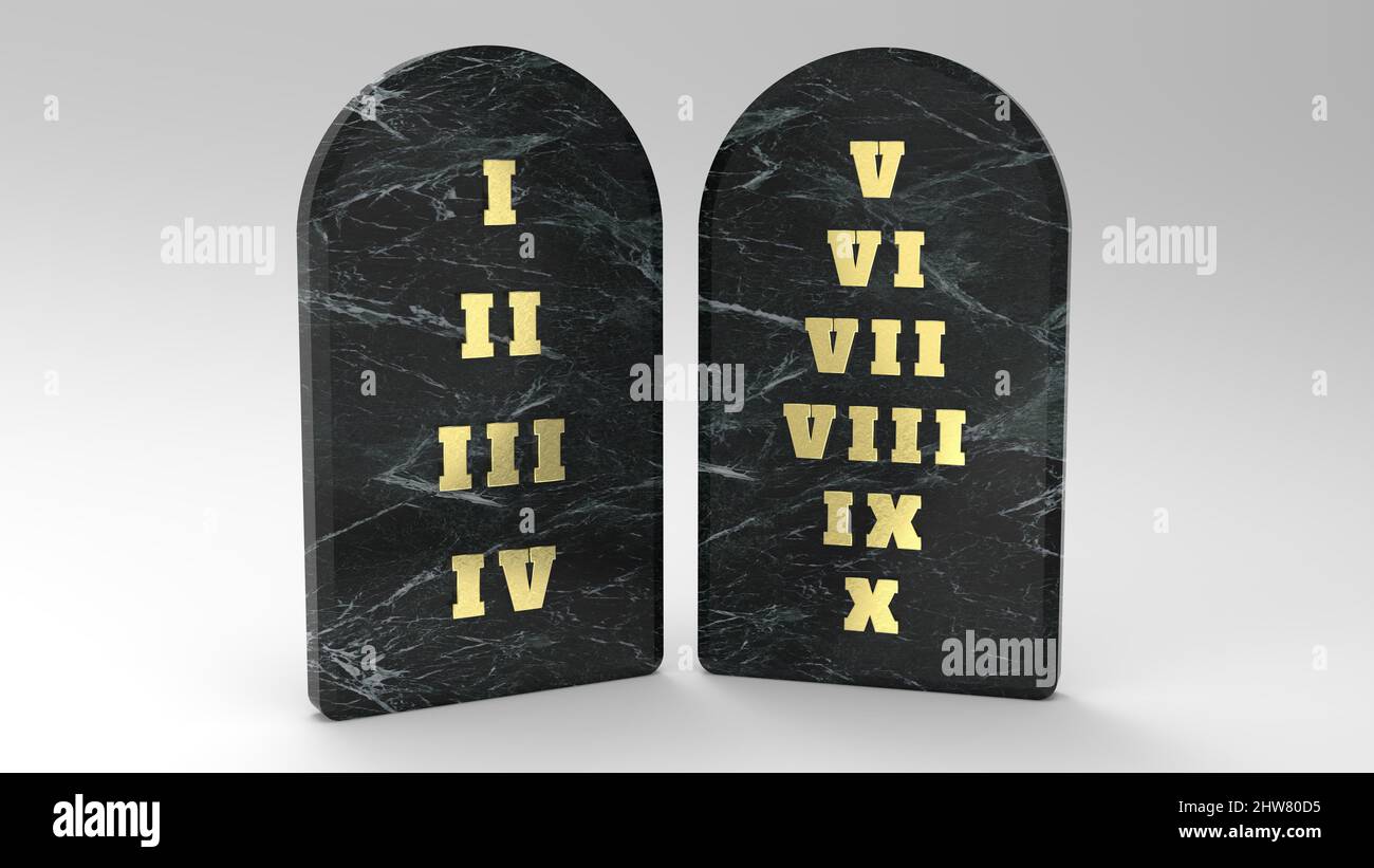 Les 10 dix Commandements de DIEU écrits sur des comprimés de Pierre donnés à Moïse (3D Illustration) Banque D'Images