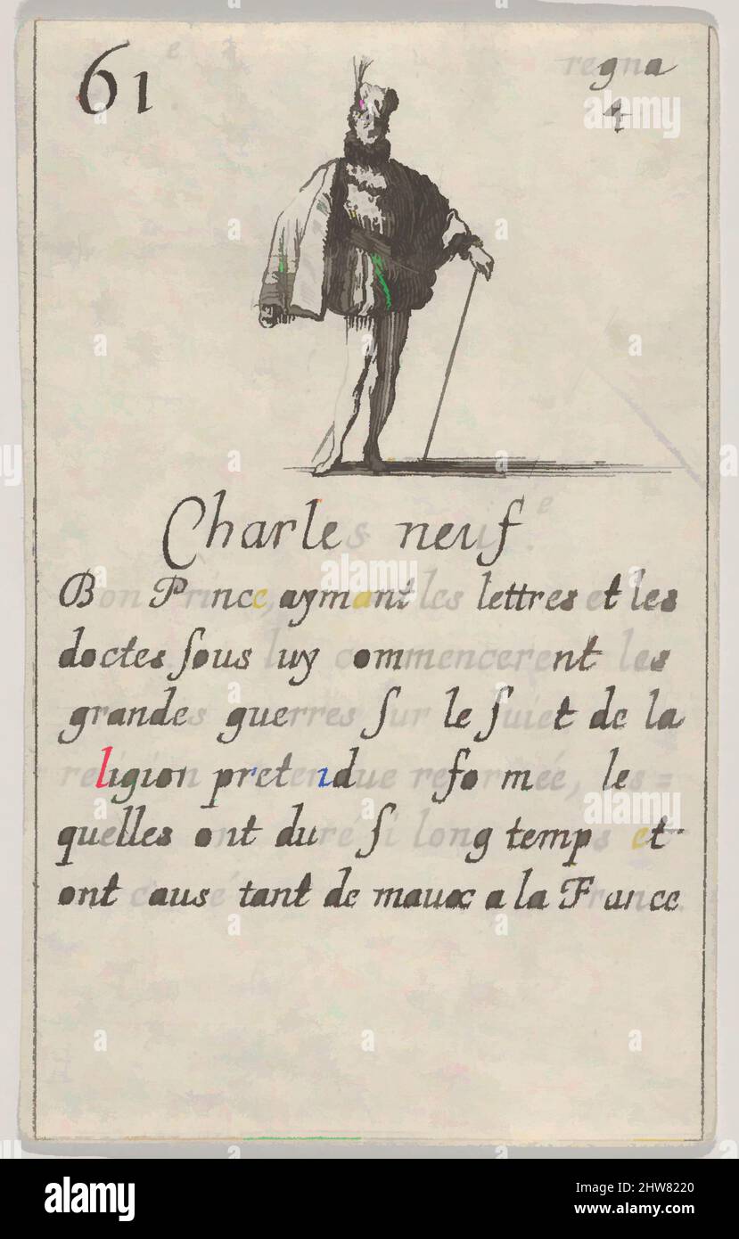 Art inspiré par Charles neuf.-e / bon Prince..., du jeu des rois de France, 1644, Etching, feuille : 3 7/16 x 2 1/8 po. (8,8 x 5,4 cm), Prints, Stefano della Bella (Italien, Florence 1610–1664 Florence, oeuvres classiques modernisées par Artotop avec une touche de modernité. Formes, couleur et valeur, impact visuel accrocheur sur l'art émotions par la liberté d'œuvres d'art d'une manière contemporaine. Un message intemporel qui cherche une nouvelle direction créative. Artistes qui se tournent vers le support numérique et créent le NFT Artotop Banque D'Images