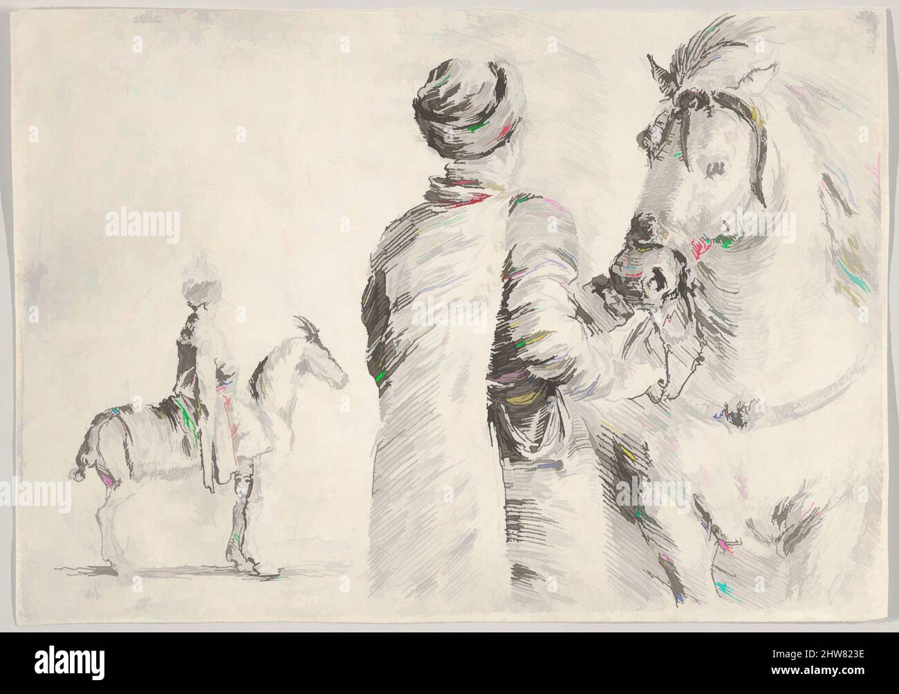 Art inspiré par Un valet polonais, vu de l'arrière, tenant la bride d'un cheval à droite, un cavalier polonais dans le profil à gauche dans l'arrière-plan, ca. 1662, Décapage, feuille : 3 1/8 x 4 1/2 po. (8 x 11,5 cm), Prints, Stefano della Bella (Italien, Florence 1610–1664 Florence, oeuvres classiques modernisées par Artotop avec une touche de modernité. Formes, couleur et valeur, impact visuel accrocheur sur l'art émotions par la liberté d'œuvres d'art d'une manière contemporaine. Un message intemporel qui cherche une nouvelle direction créative. Artistes qui se tournent vers le support numérique et créent le NFT Artotop Banque D'Images