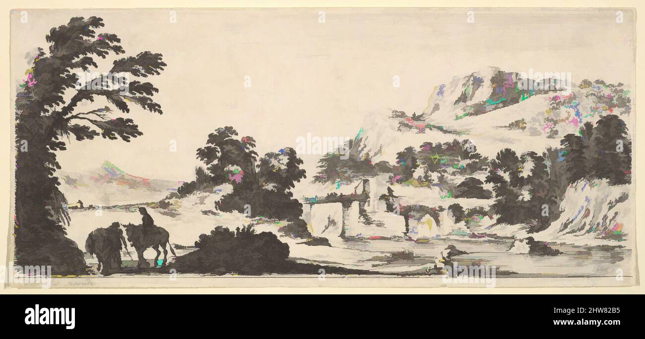 Art inspiré par Une mule transportant une femme et un paysan marchant avec une mule à gauche, un pêcheur à droite jetant sa ligne vers la droite, un pont au centre de l'arrière-plan, de «divers paysages» (divers paysages), ca. 1641, Décapage, feuille : 3 1/8 x 6 15/16 po. (8 x 17,7 cm, œuvres classiques modernisées par Artotop avec une touche de modernité. Formes, couleur et valeur, impact visuel accrocheur sur l'art émotions par la liberté d'œuvres d'art d'une manière contemporaine. Un message intemporel qui cherche une nouvelle direction créative. Artistes qui se tournent vers le support numérique et créent le NFT Artotop Banque D'Images